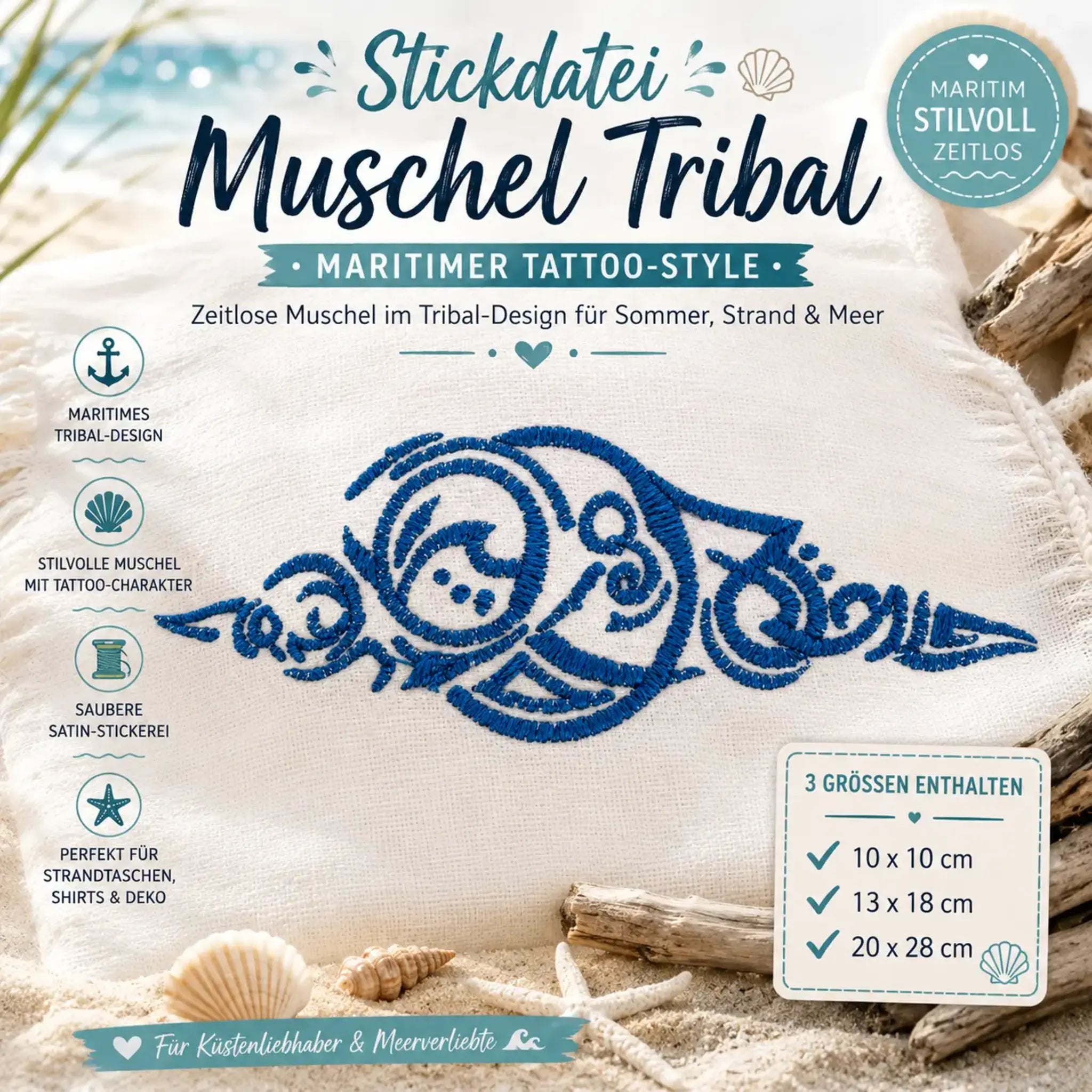 Stickdatei Muschel Tribal – 3 Größen für Sommer & Meer | stiXXie