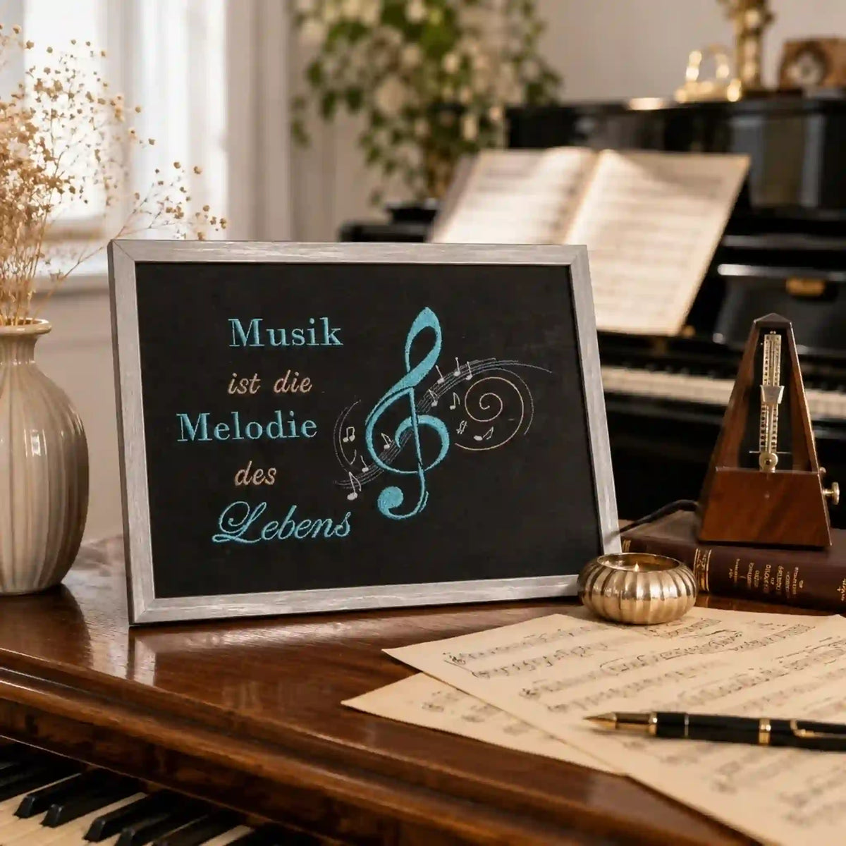 Stickdatei Spruch Musik mit Notenschlüssel