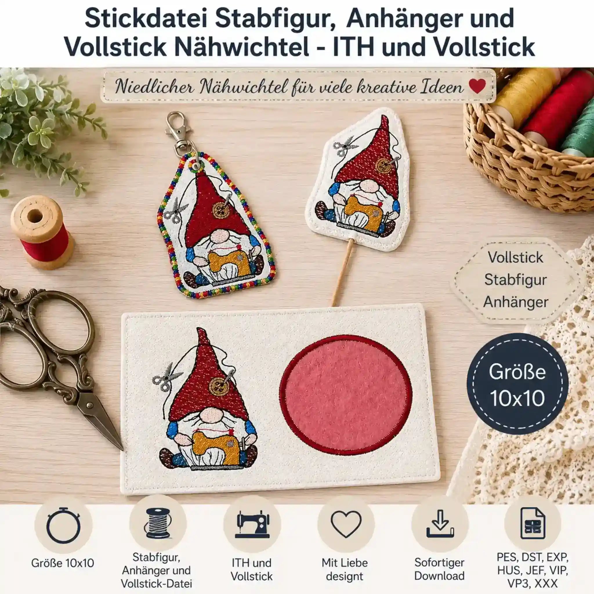 ITH Stickdatei Stabfigur, Anhänger und Vollstick Nähwichtel