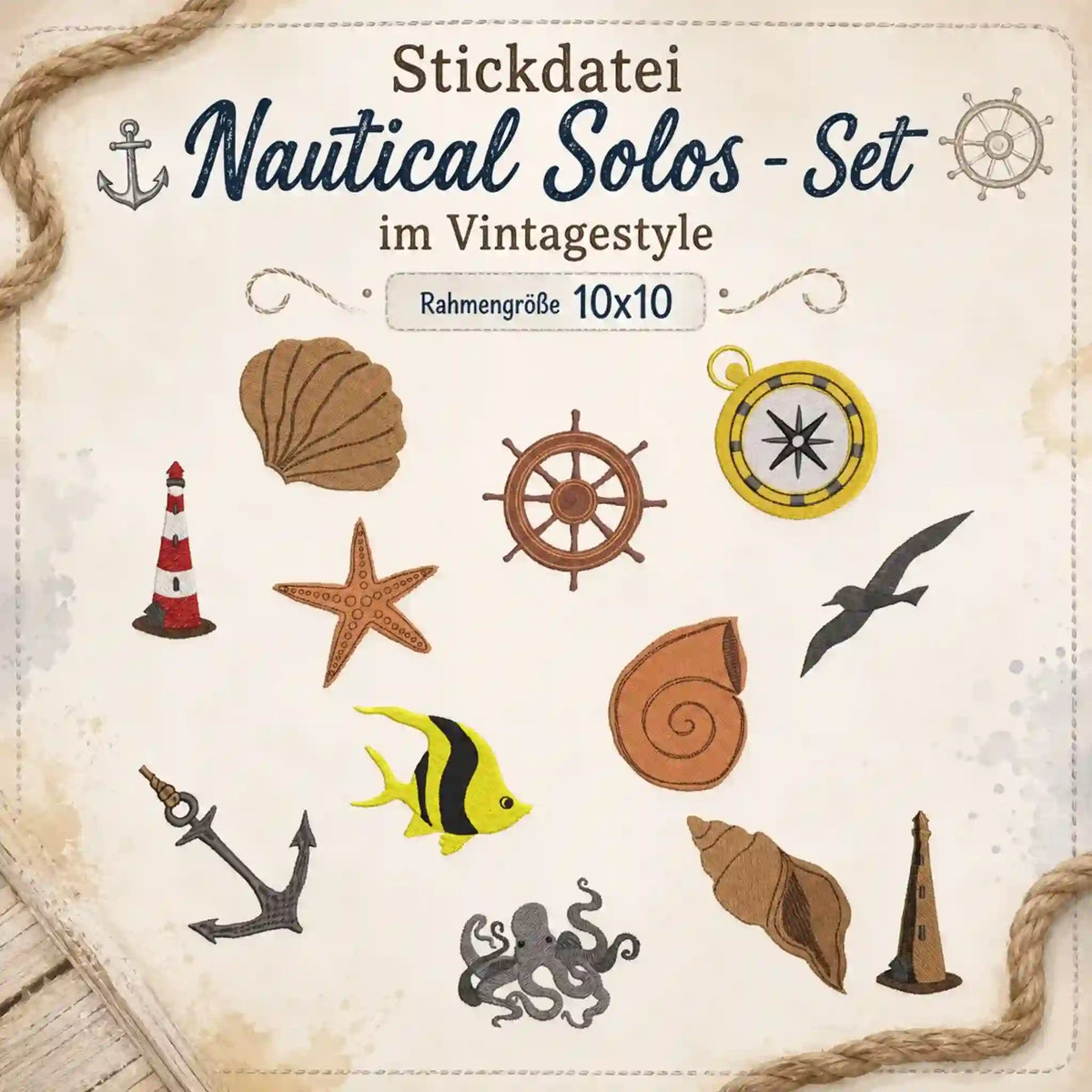 Stickdatei Nautical Solos im Vintagestyle Set – 12 Motive