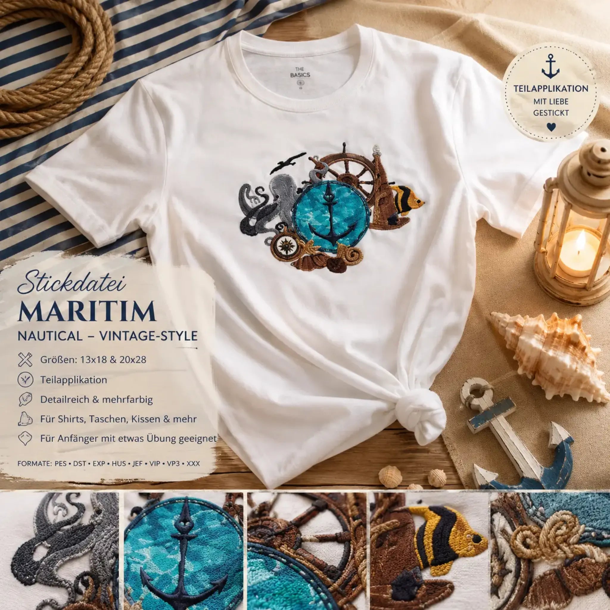 Stickdatei Maritim Nautical – Vintage-Style mit Teilapplikation | stiXXie