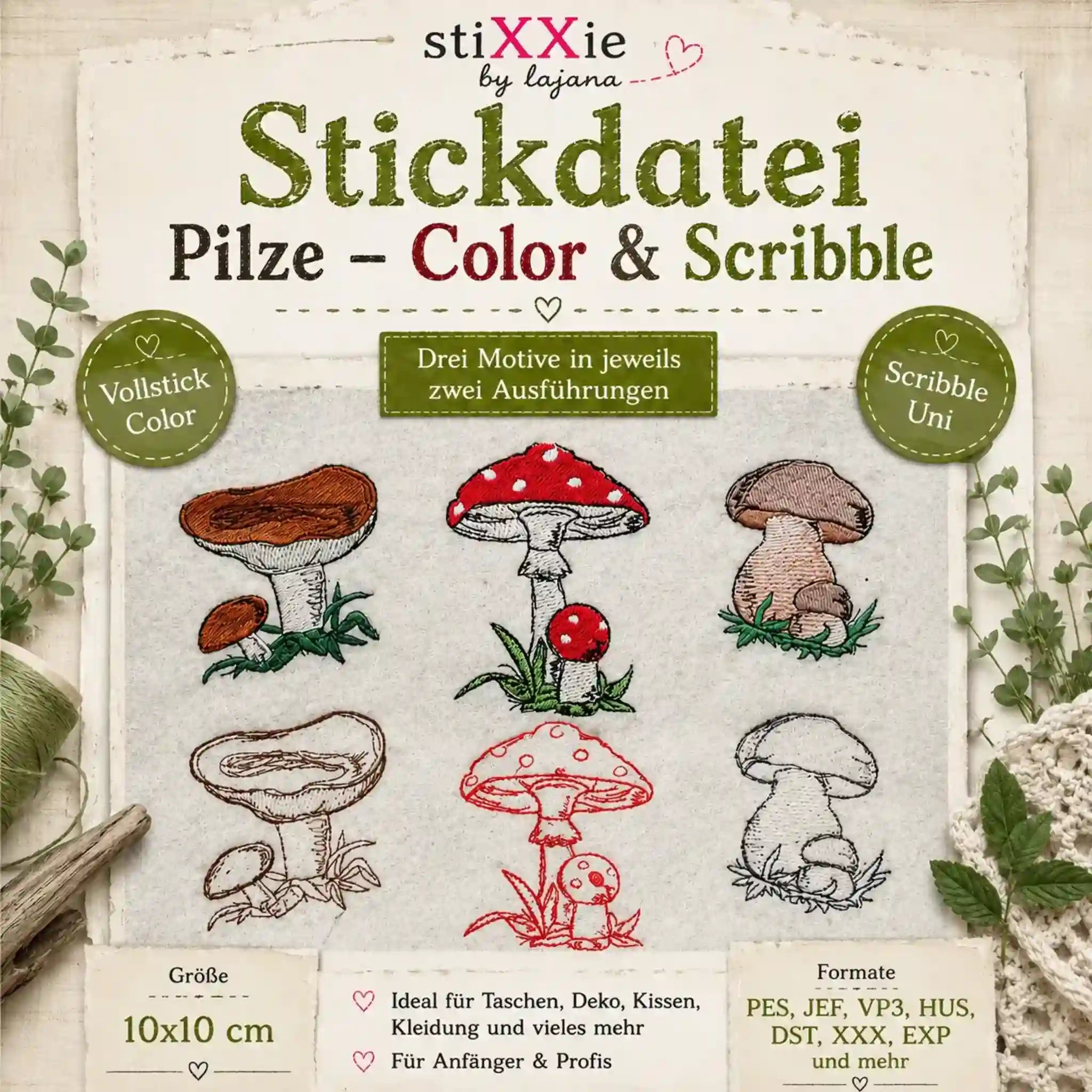 Stickdatei Pilze – Color & Scribble 10x10 cm