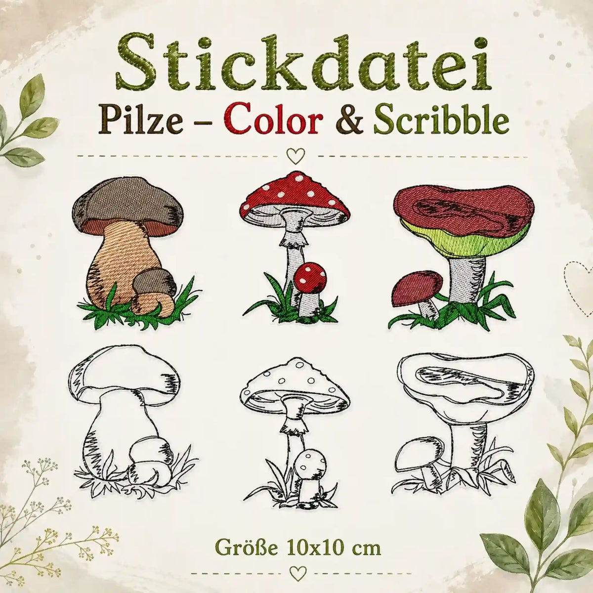 Stickdatei Pilze – Color & Scribble 10x10 cm