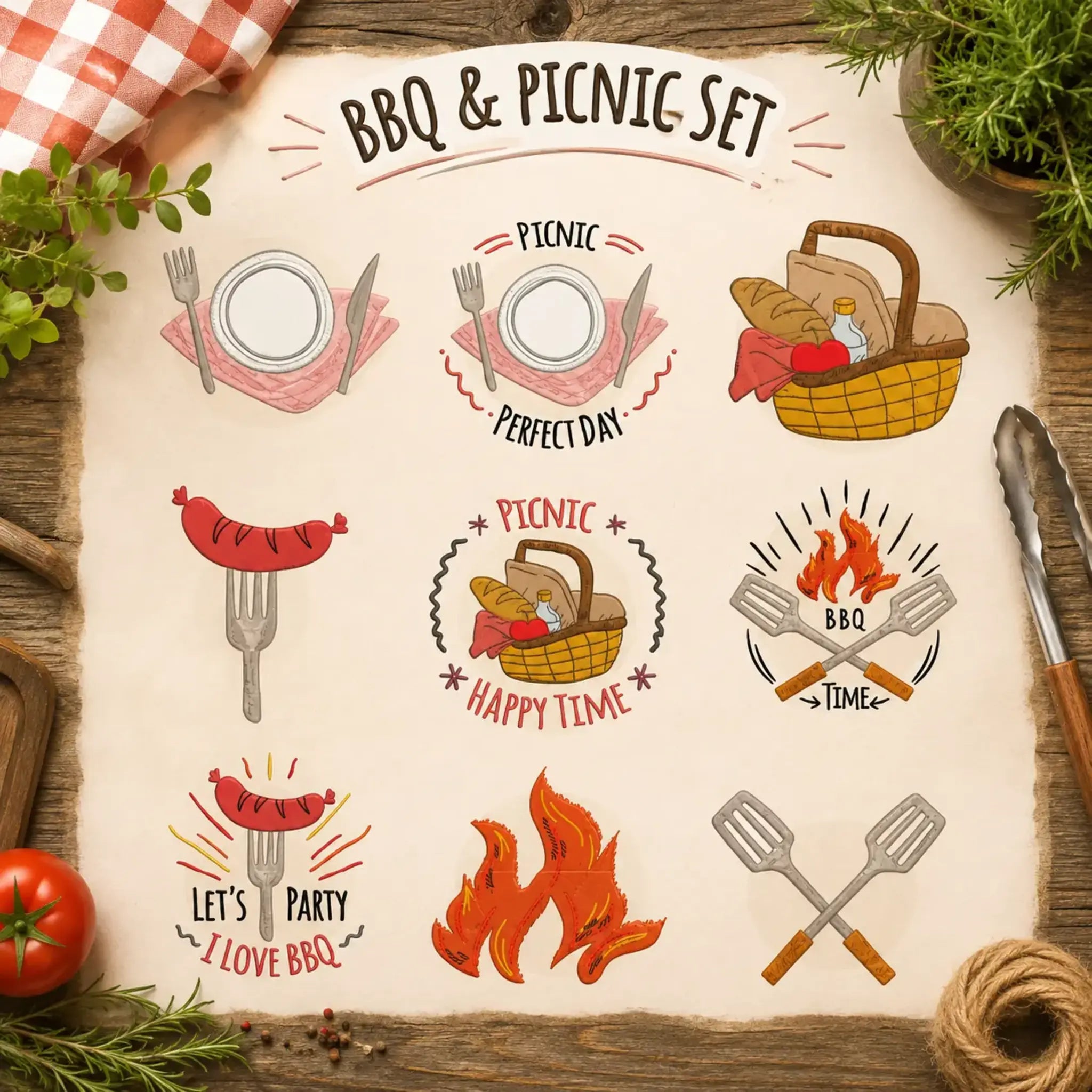 BBQ Grill Stickdatei Set – 9 Motive für Grillschürze & Küchentextilien