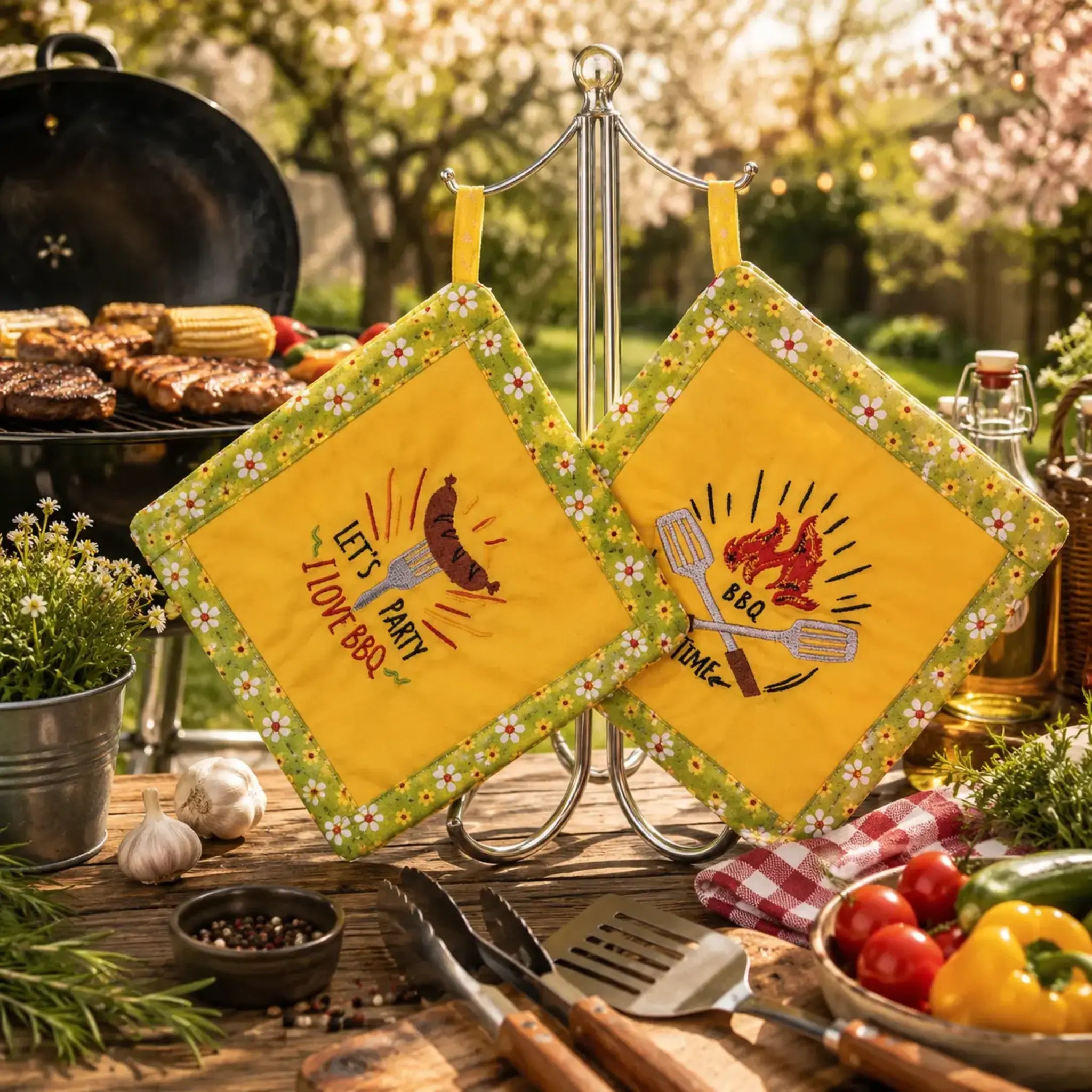 BBQ Grill Stickdatei Set – 9 Motive für Grillschürze & Küchentextilien