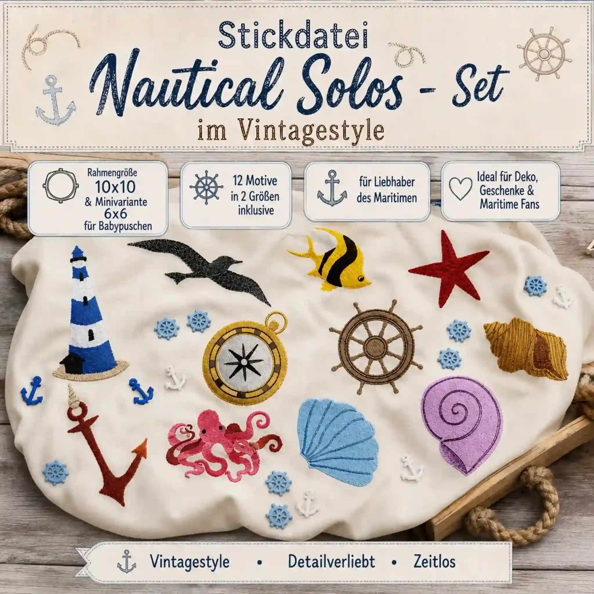Stickdatei Nautical Solos im Vintagestyle Set – 12 Motive