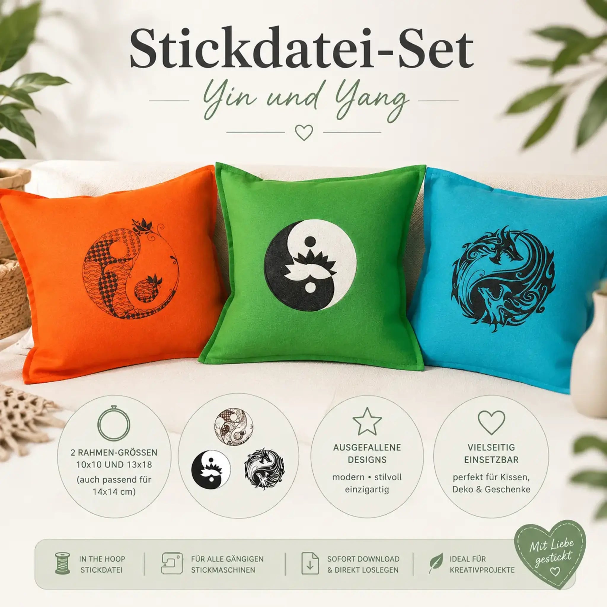 Yin Yang Stickdatei Set – 3 Motive in 10x10 & 13x18 cm