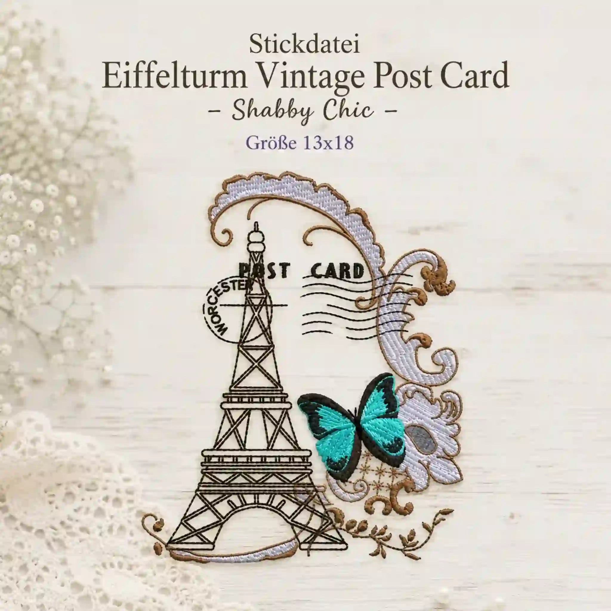 Stickdatei Eiffelturm Vintage Post Card – Shabby Chic