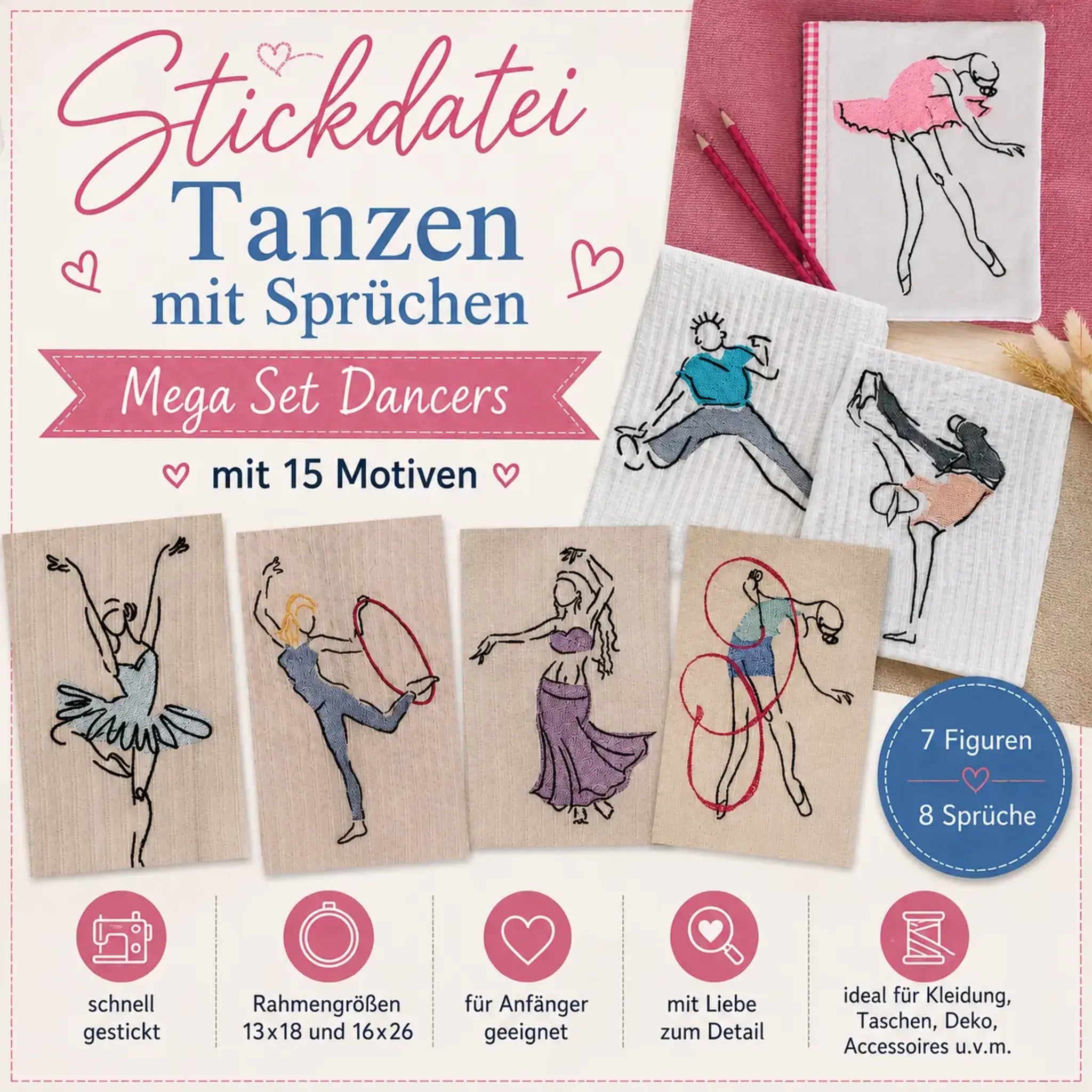 Stickdatei Tanzen mit Sprüchen 💃 – Mega Set Dancers mit 15 Motiven