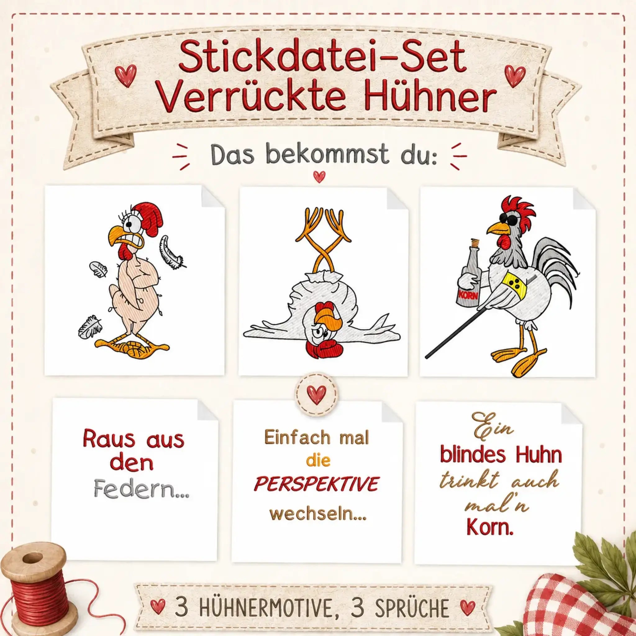 Stickdatei Verrückte Hühner – 3 witzige Designs