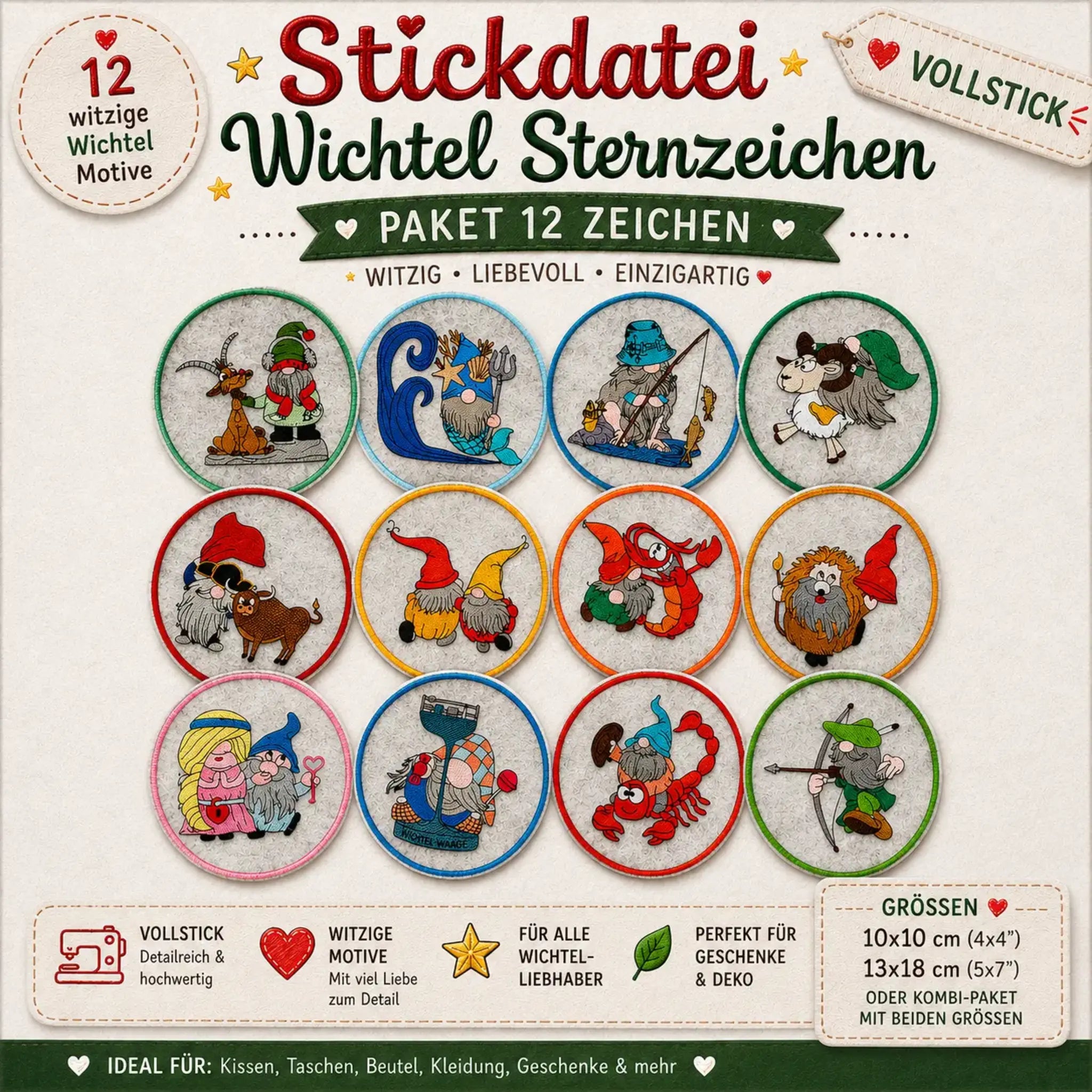 Stickdatei Wichtel Sternzeichen Paket 12 Zeichen