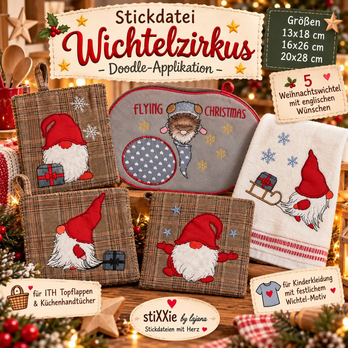 Stickdatei Wichtelzirkus Doodle Applikation 🎪 Weihnachtswichtel zum Sticken