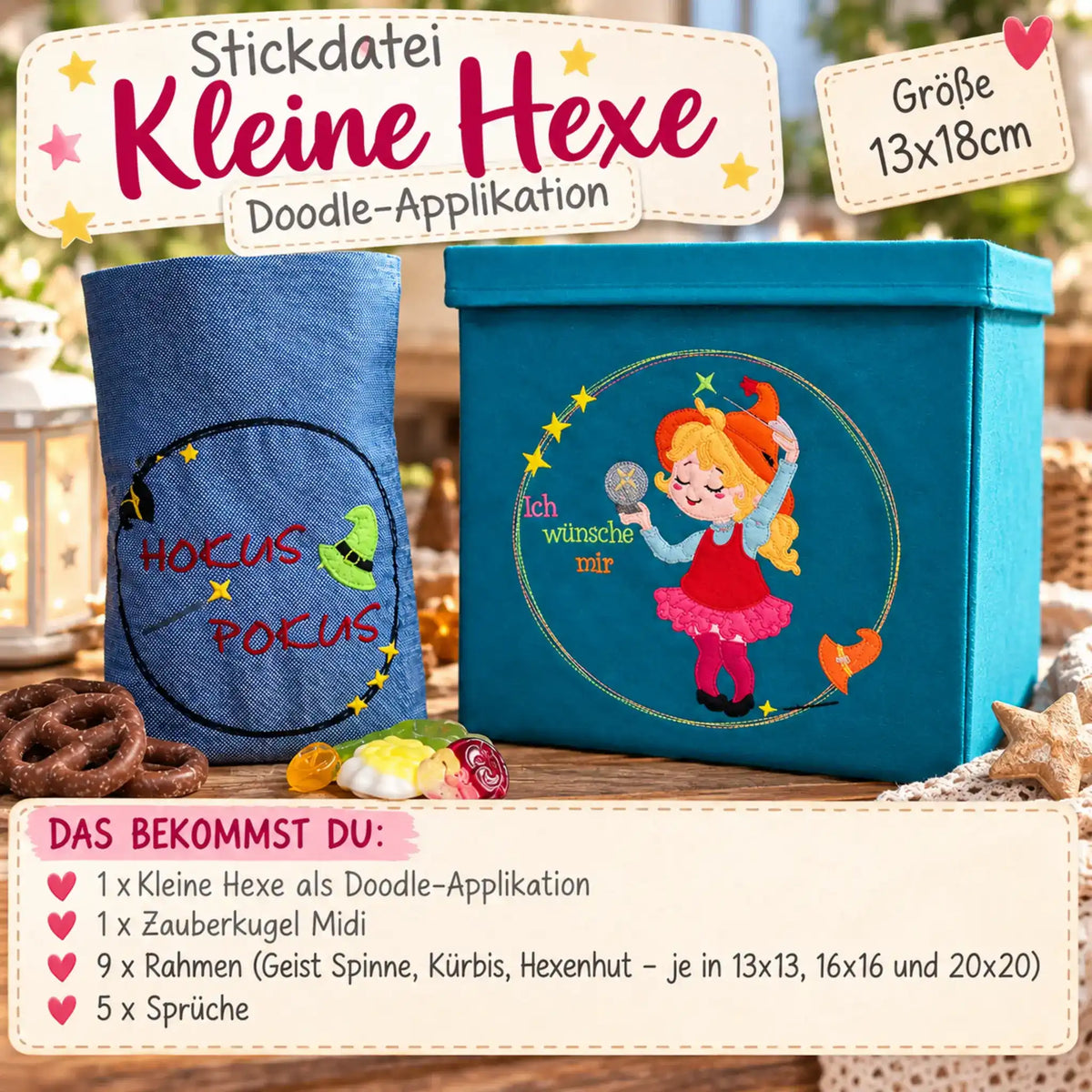 Stickdatei-Set Kleine Hexe - Doodle Applikation