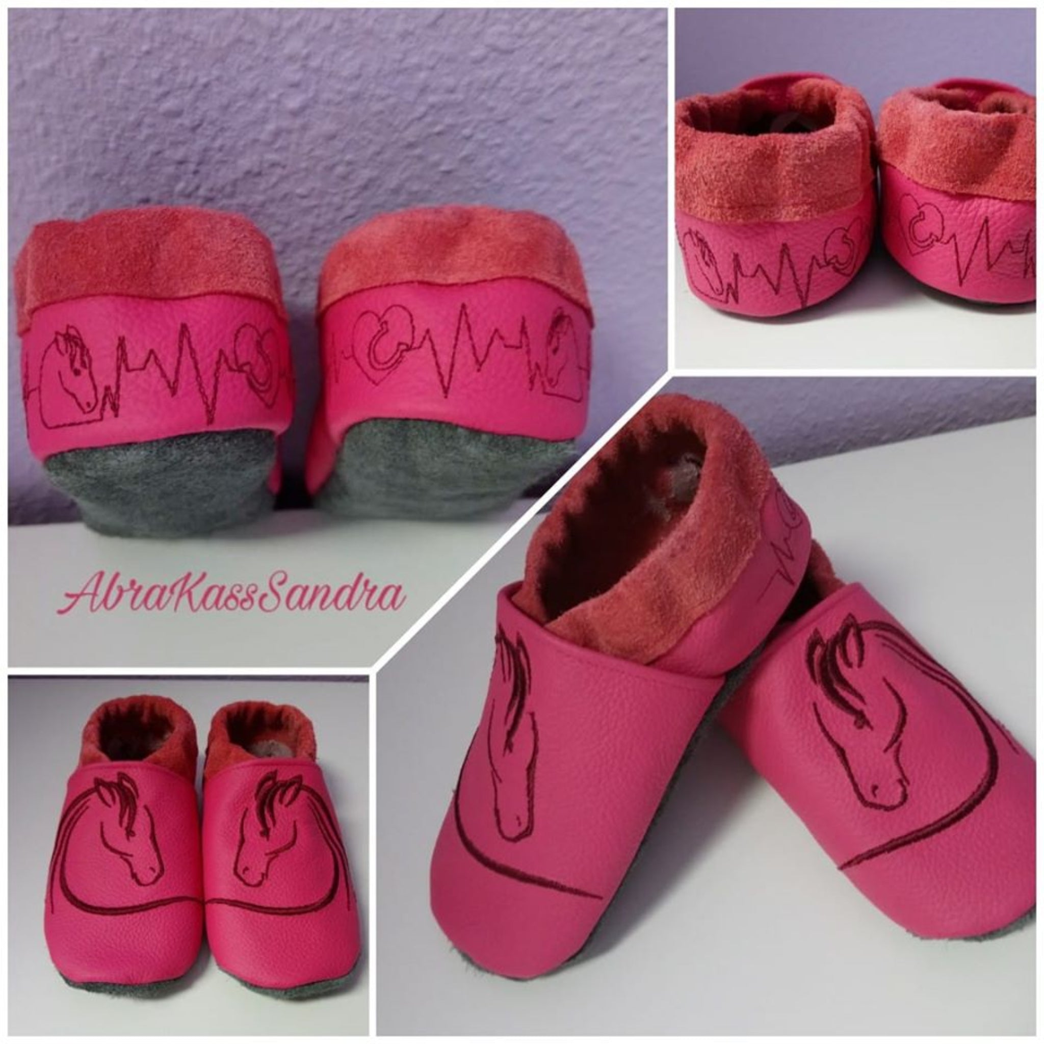 Stickdatei EKG Pferd - Herzschlag mit Pferde-Silhouette auf roten selbst genähten Kinderhausschuhen gestickt