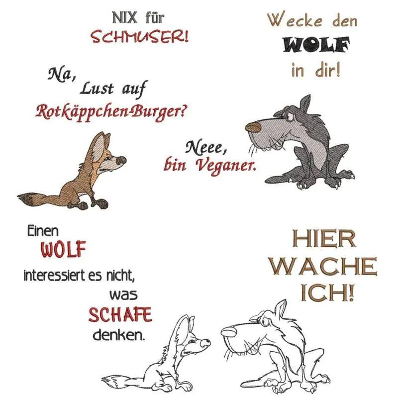 ITH Stickdatei Wolf und Coyote mit Sprüchen