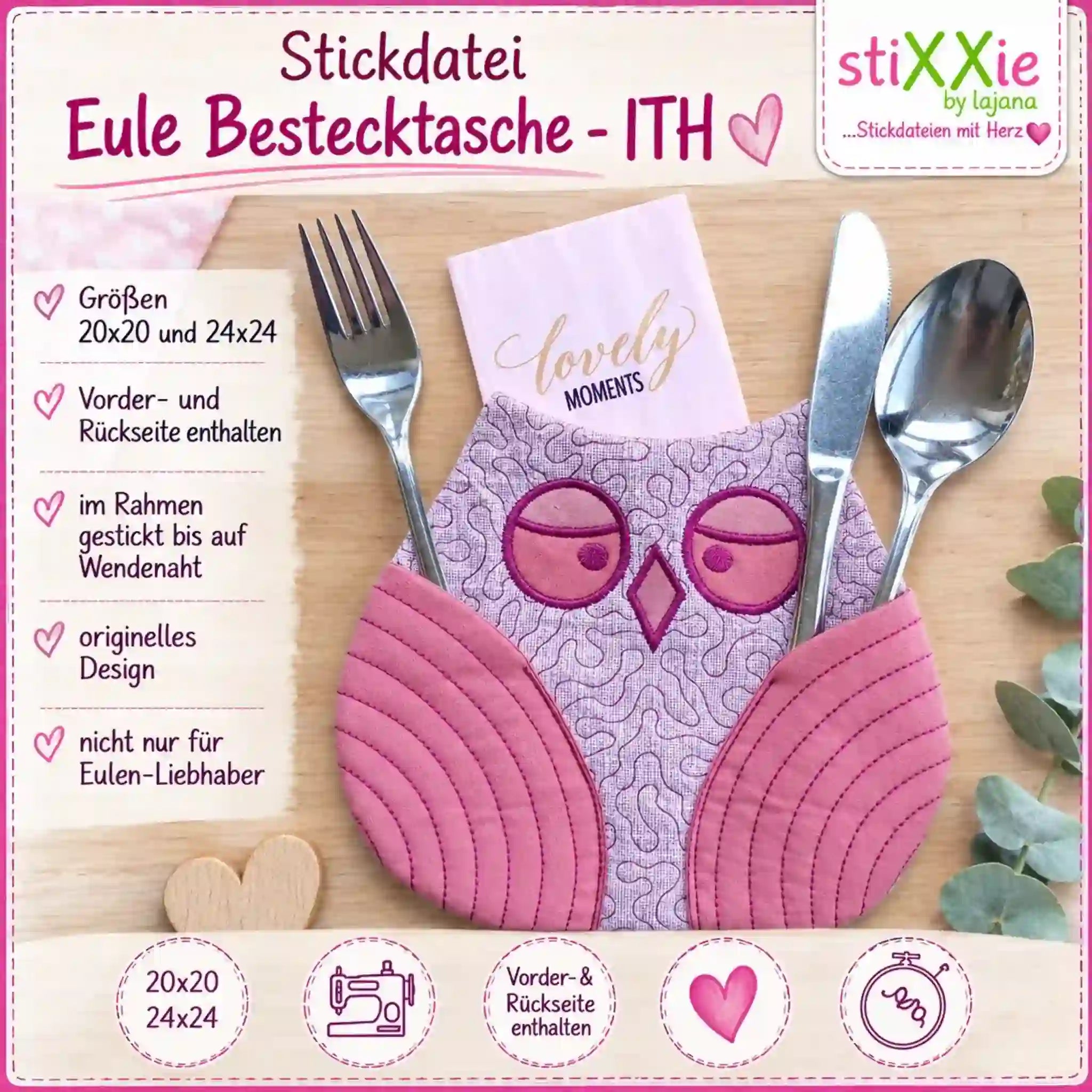 ITH Stickdatei Eule Bestecktasche