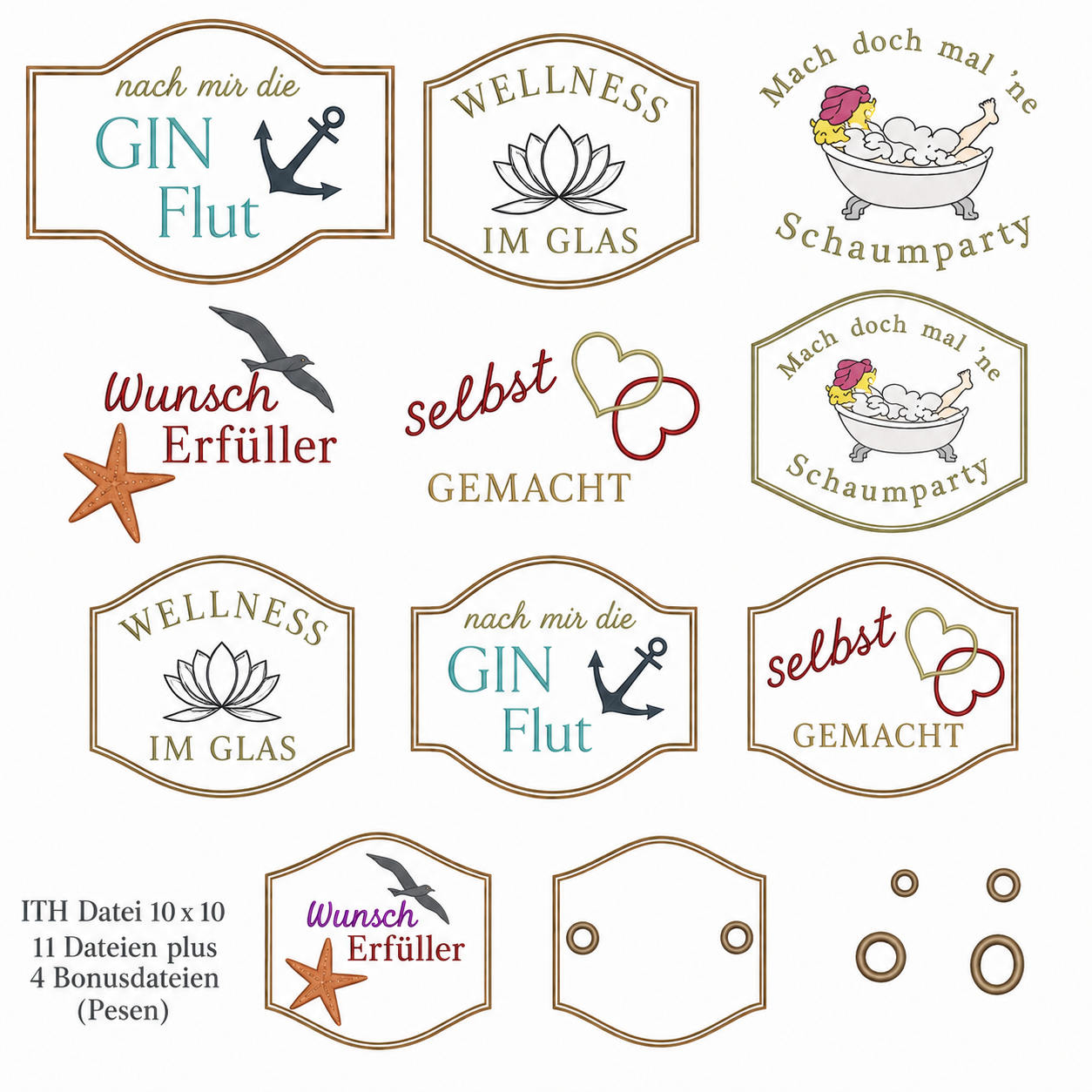ITH Stickdatei Etiketten GlasLabel 10x10 🍾 – Mega-Paket mit 11 Dateien