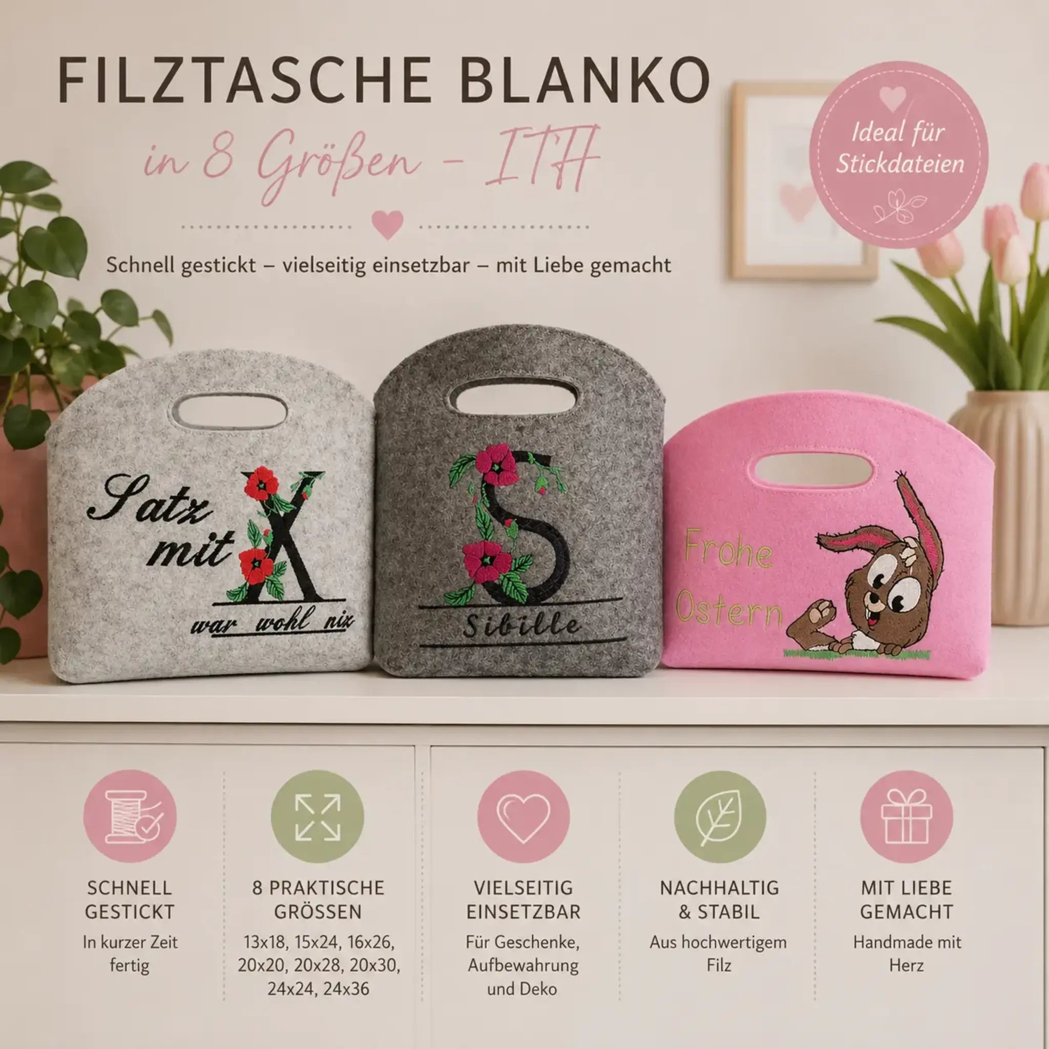 ITH Filztasche Blanko – 8 Größen für deine Stickmaschine