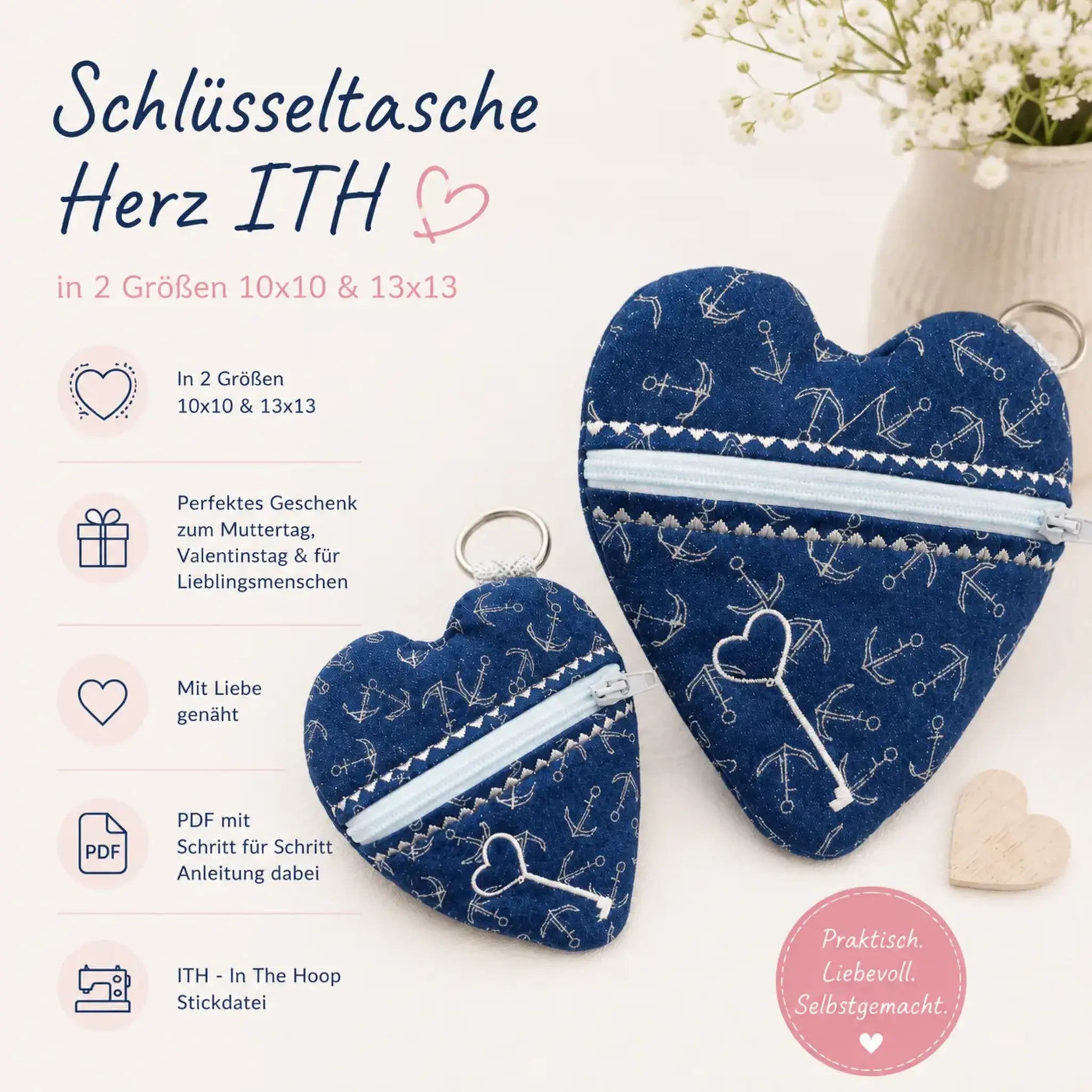 ITH Stickdatei Schlüsseltasche Herz 🔑❤️ – Süße Herzform zum Sticken
