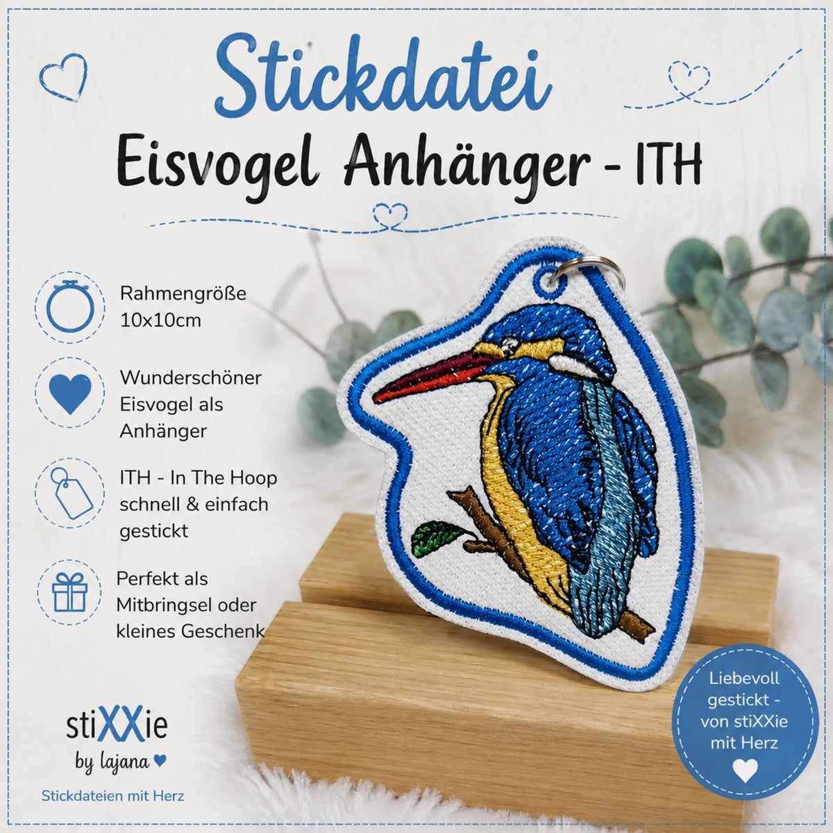 ITH Stickdatei Eisvogel Anhänger