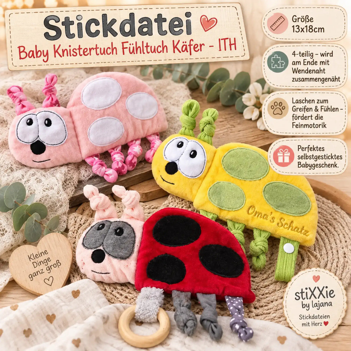 ITH Stickdatei Baby Knistertuch Fühltuch Käfer 🐞
