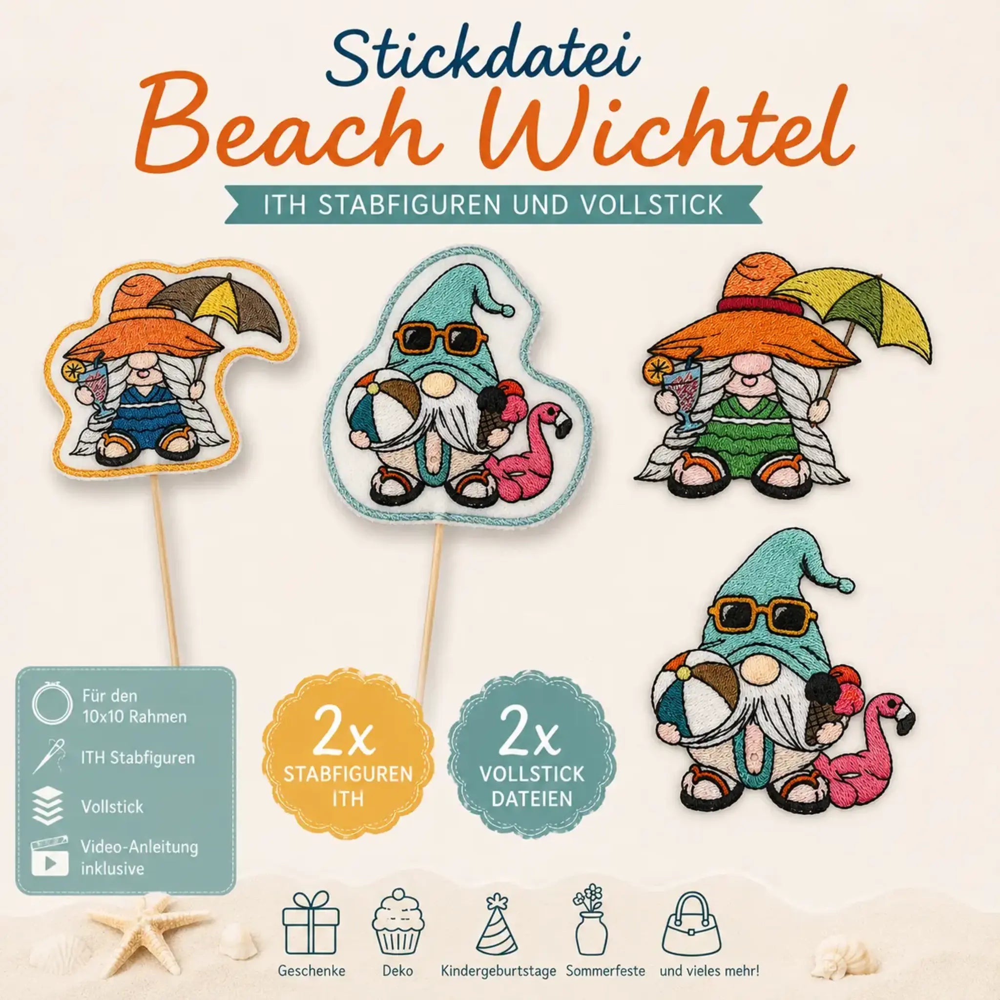 ITH Stickdatei Beach Wichtel – 🏖️ Stabfigur & Vollstick