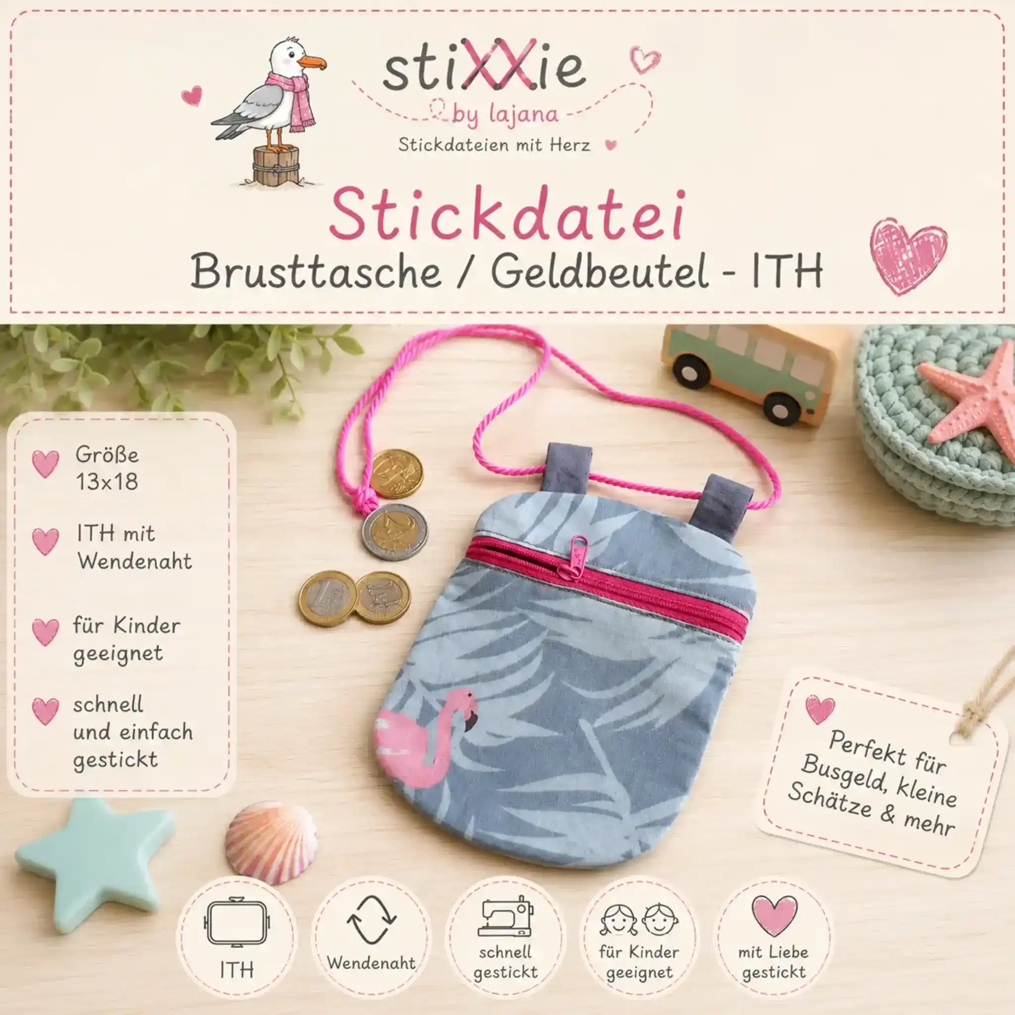 ITH Stickdatei Brusttasche – Geldbeutel für Kinder 13x18