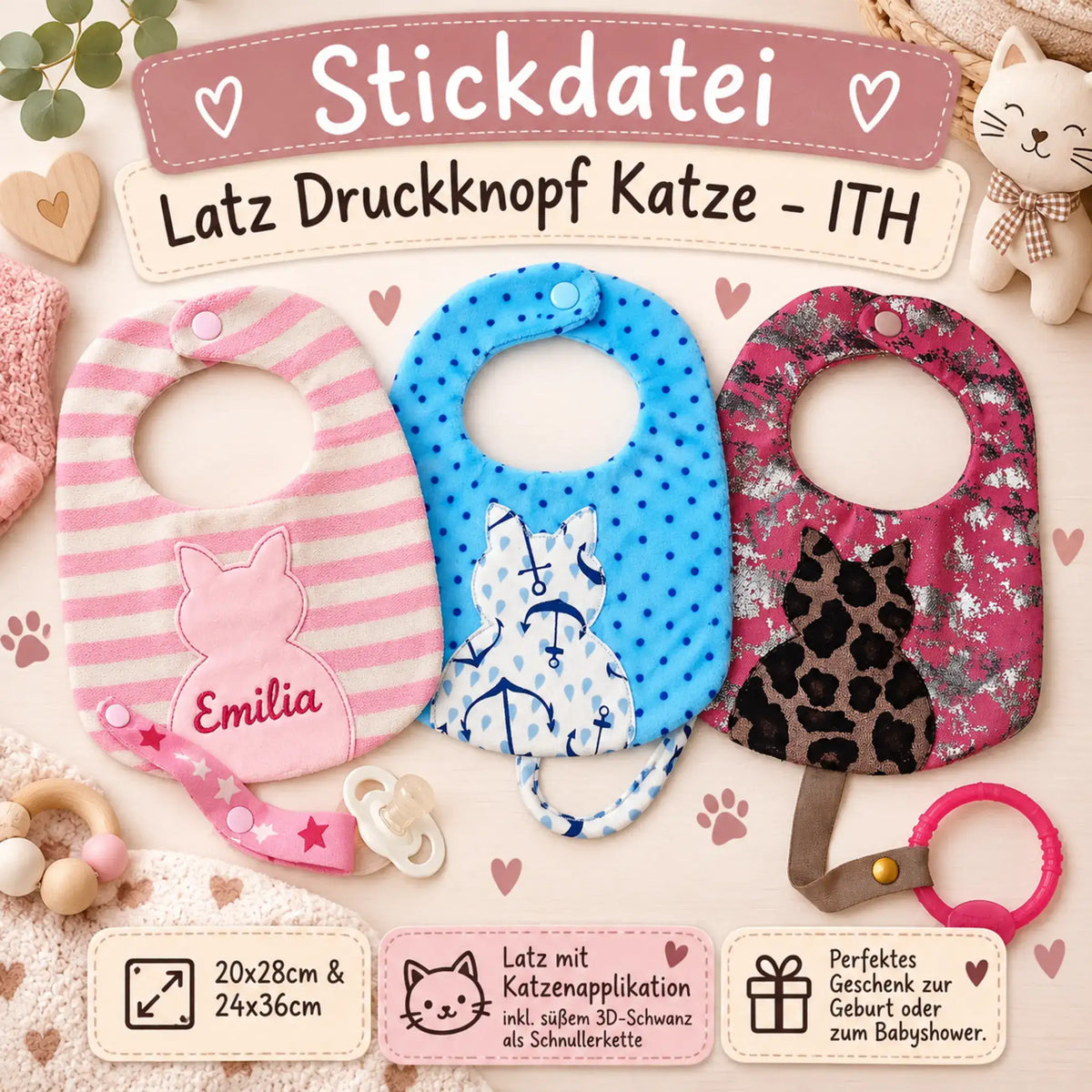 ITH Stickdatei Latz Druckknopf Katze