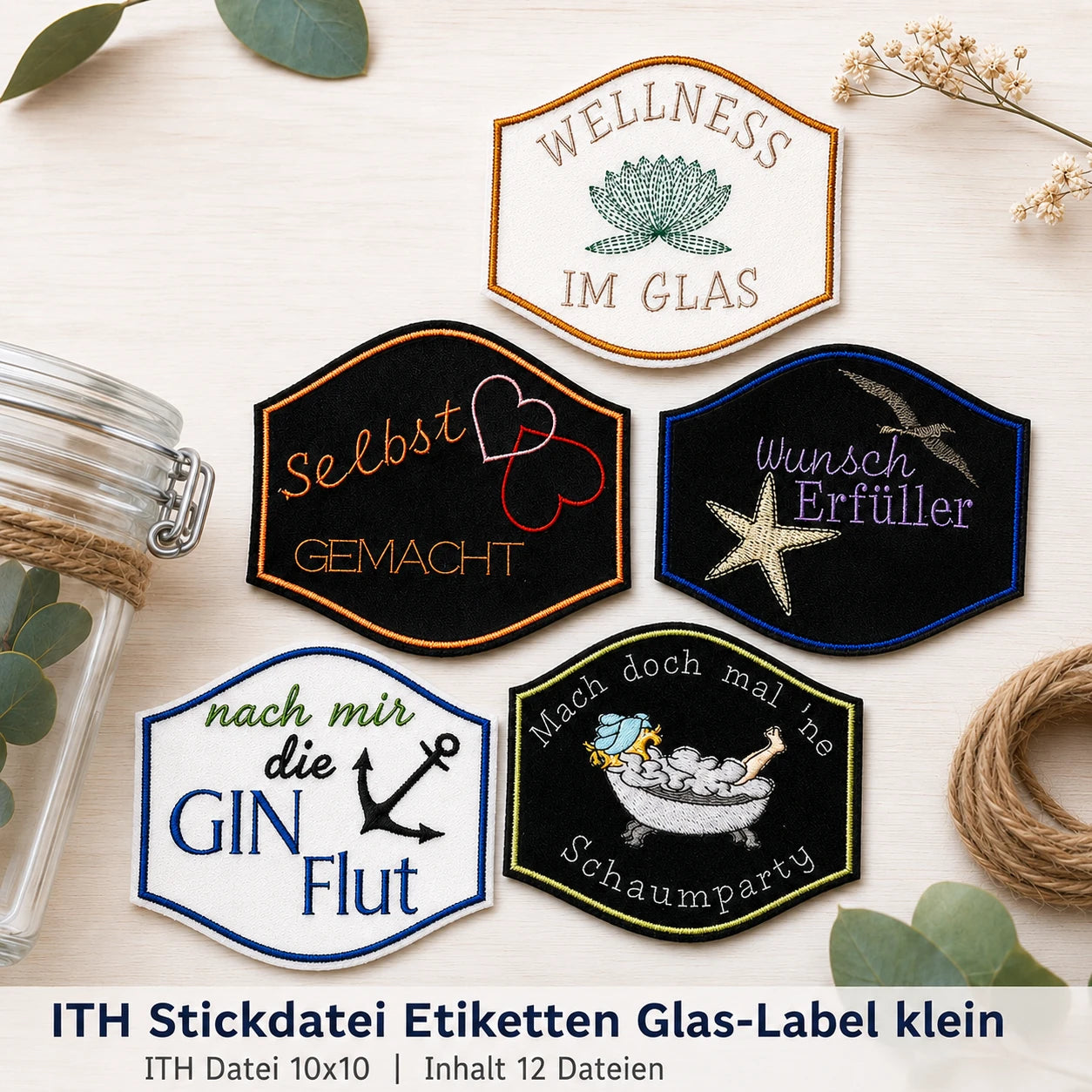 ITH Stickdatei Etiketten GlasLabel 10x10 🍾 – Mega-Paket mit 11 Dateien