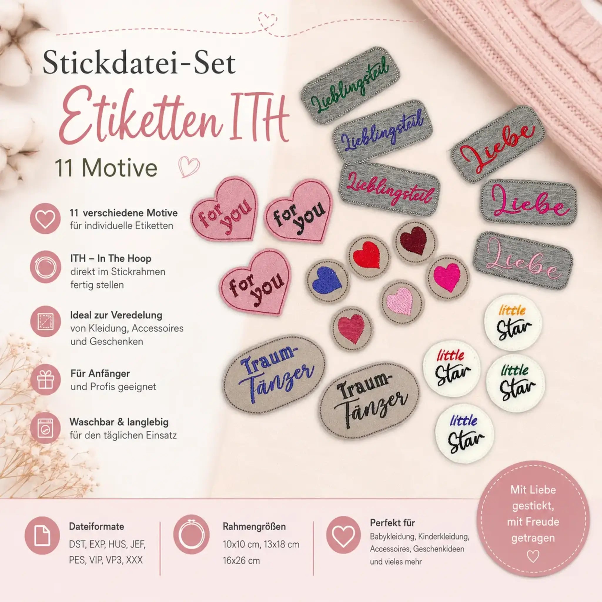 ITH Stickdatei Etiketten-Set 10x10 🏷️ – 11 Motive als Mehrfachstick ✨