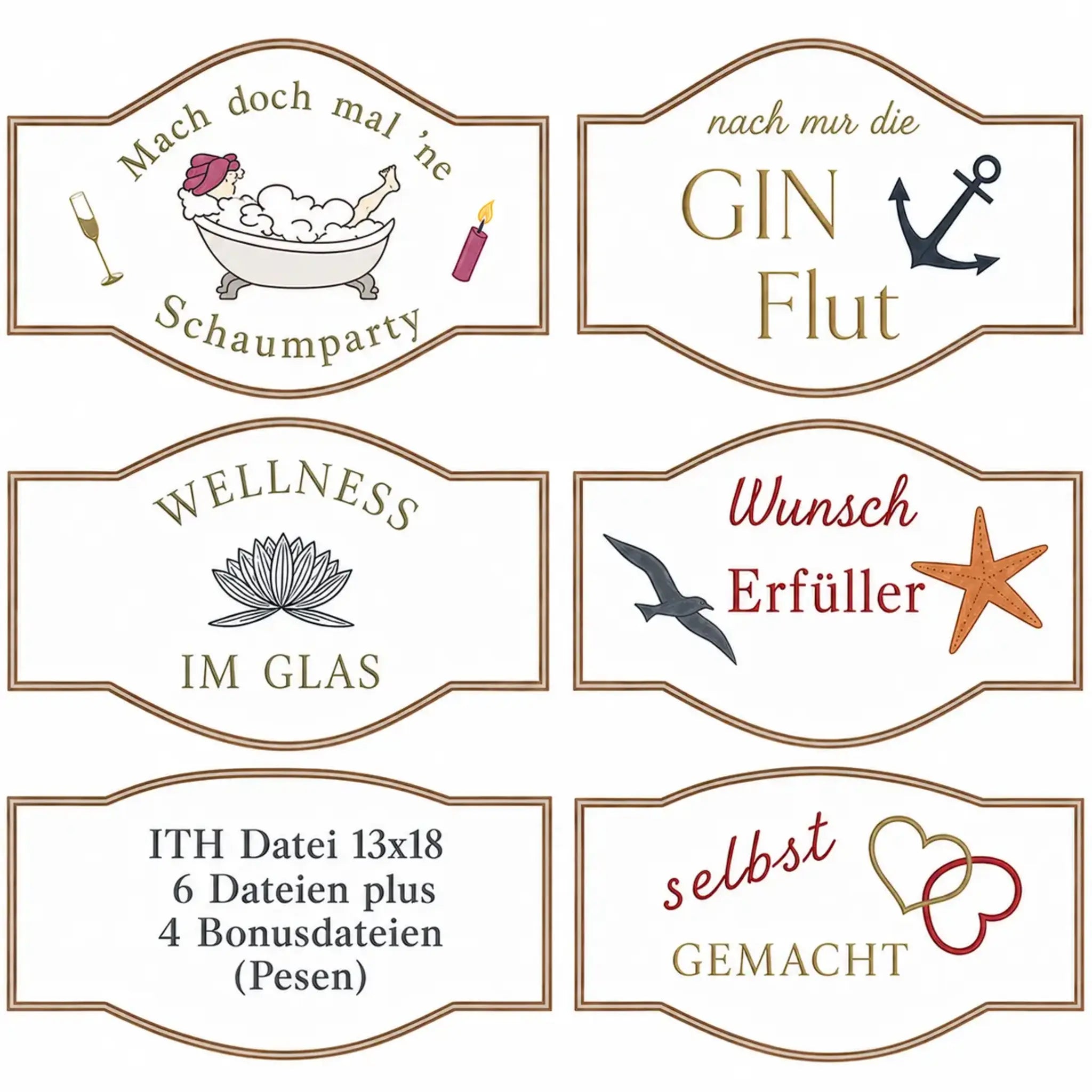 ITH Stickdatei GlasLabel Etiketten 13x18 🍾 – Mega-Paket mit 6 Motiven & Ösen-Bonus
