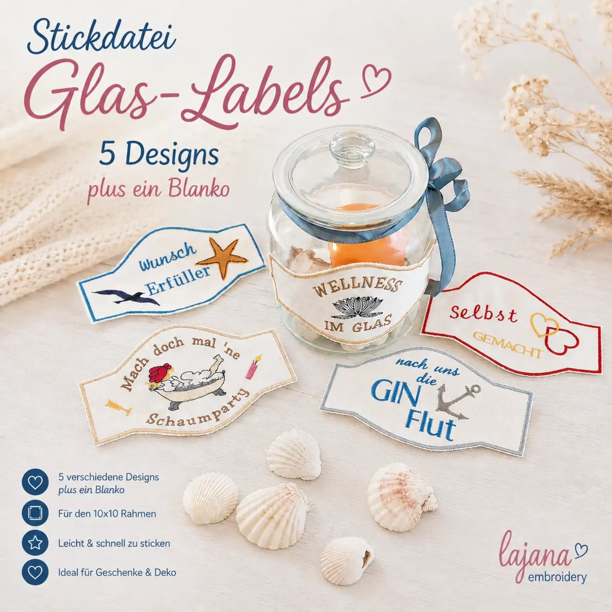 ITH Stickdatei GlasLabel Etiketten 13x18 🍾 – Mega-Paket mit 6 Motiven & Ösen-Bonus