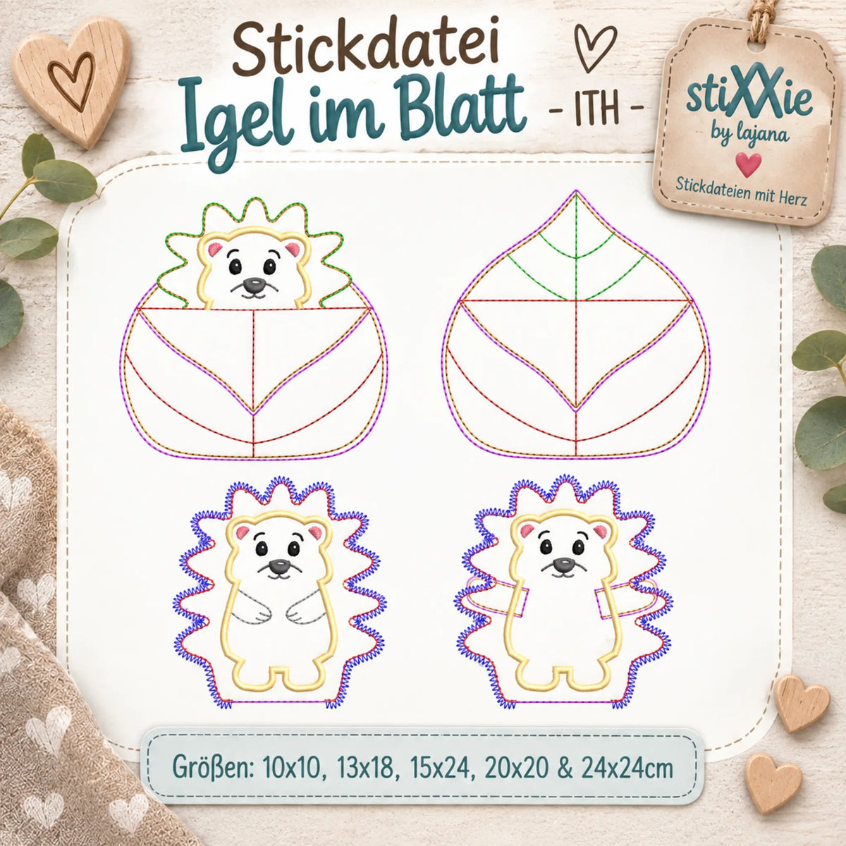 ITH Stickdatei Igel im Blatt