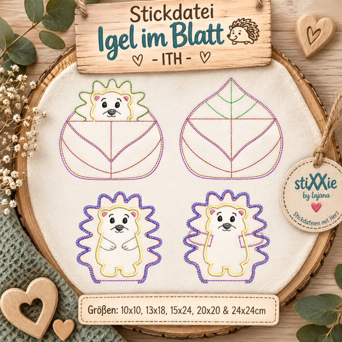 ITH Stickdatei Igel im Blatt