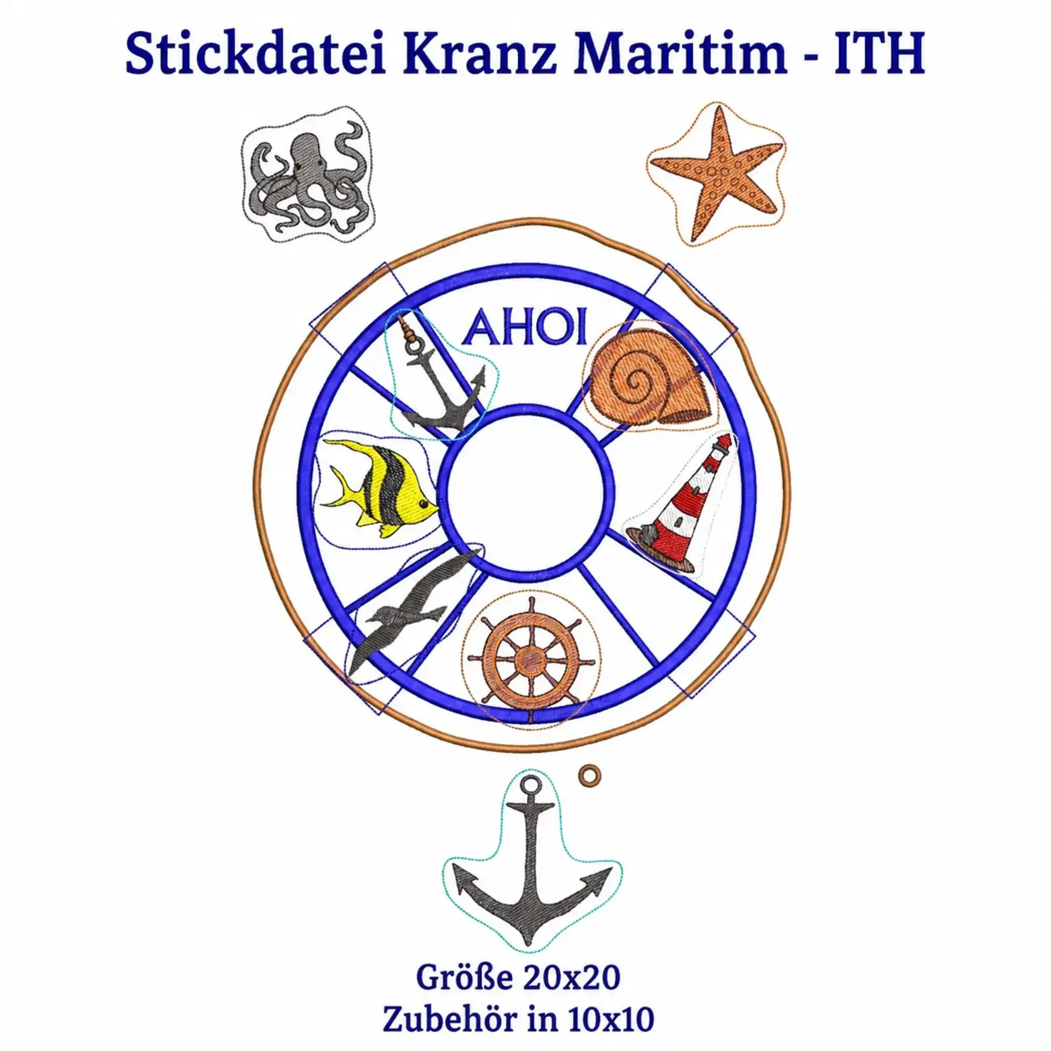 ITH Stickdatei Kranz und Schild Maritim