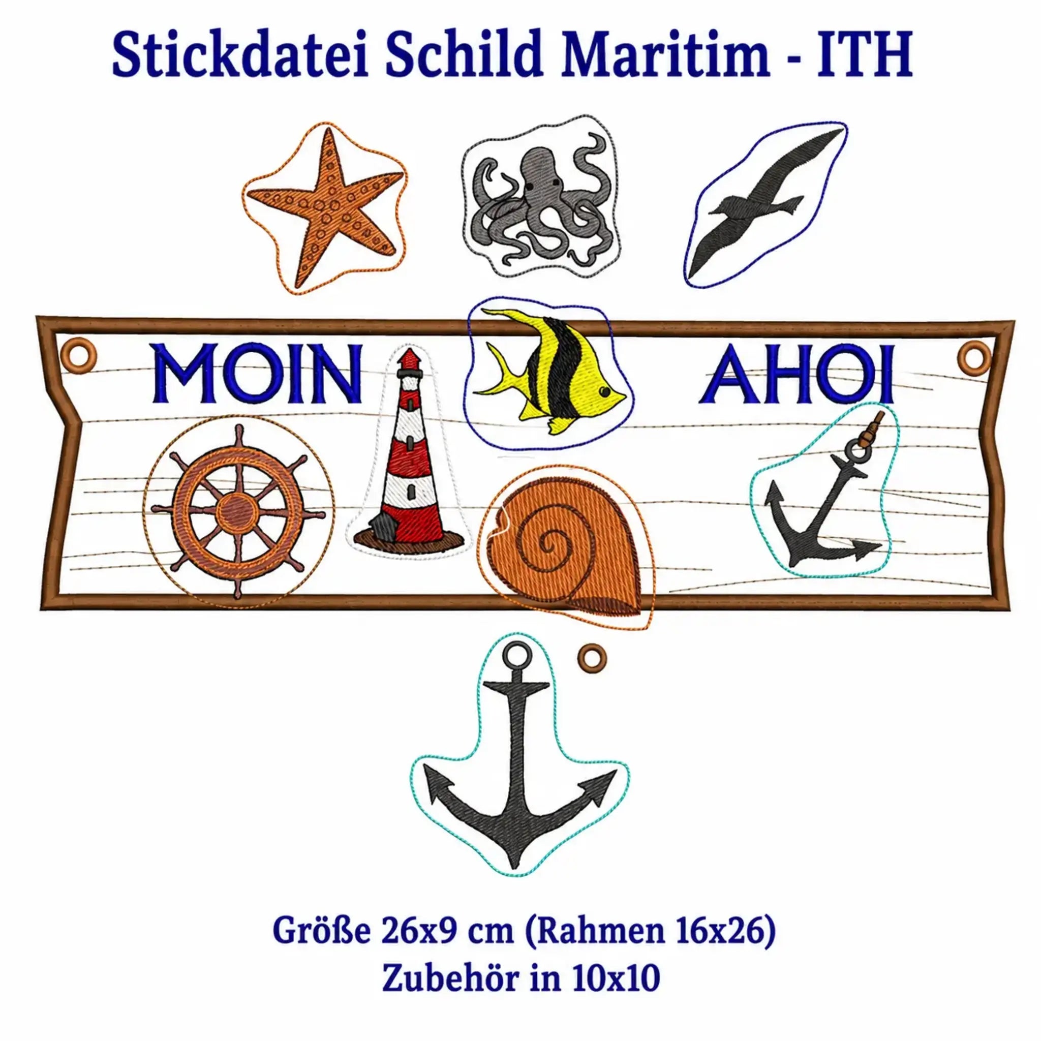 ITH Stickdatei Kranz und Schild Maritim