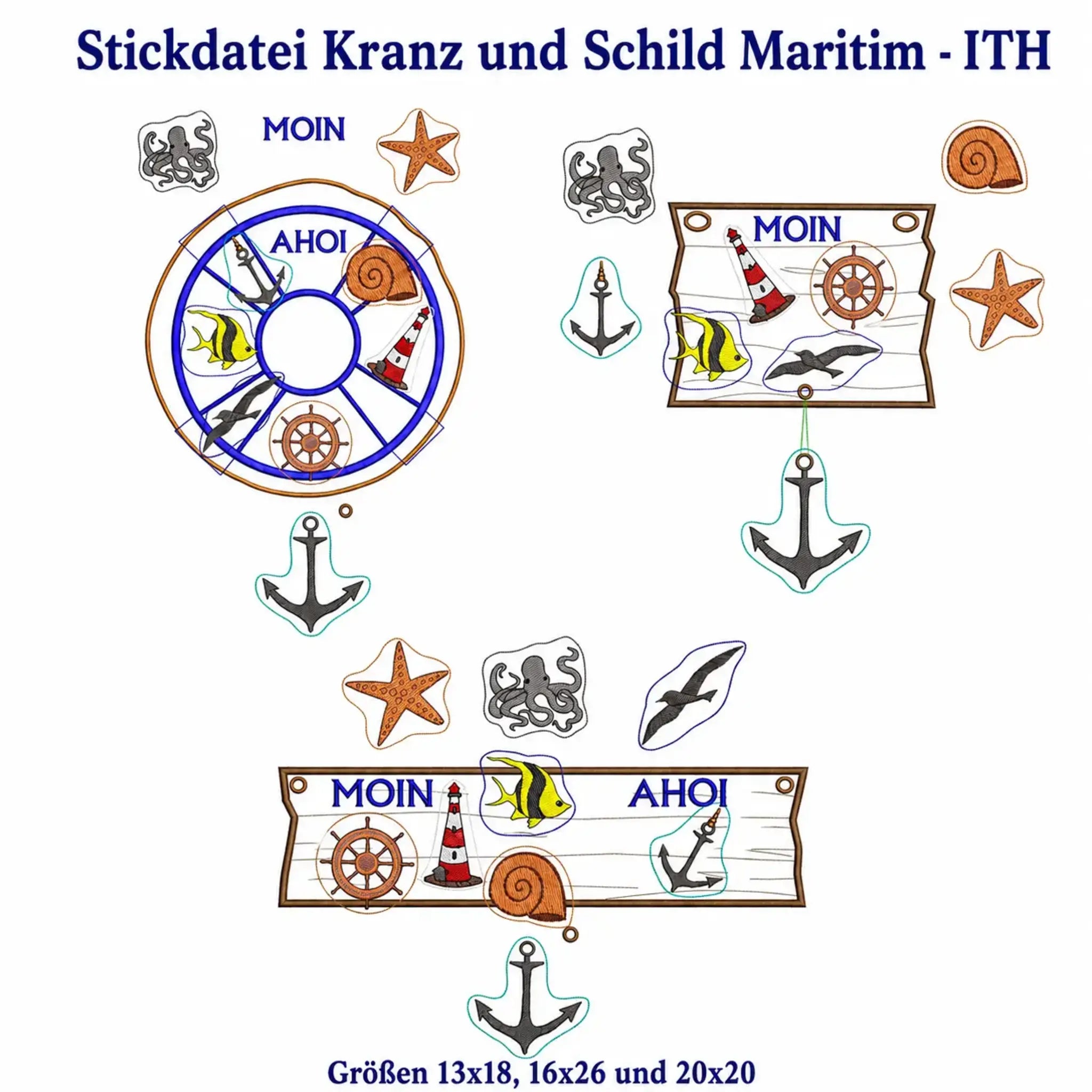 ITH Stickdatei Kranz und Schild Maritim