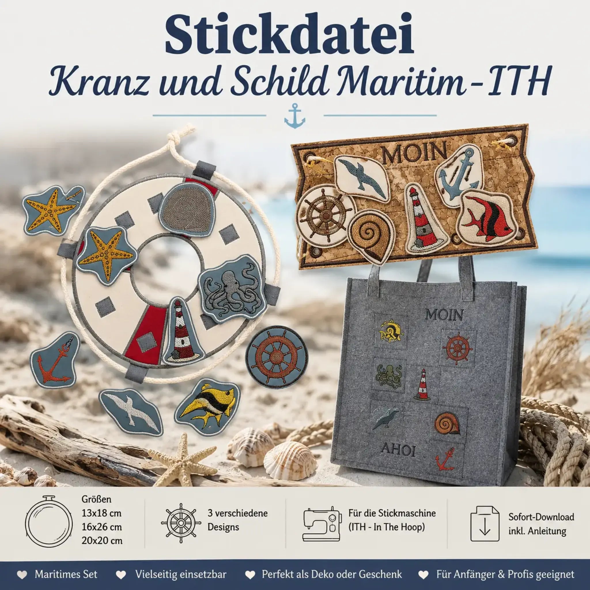 ITH Stickdatei Kranz und Schild Maritim