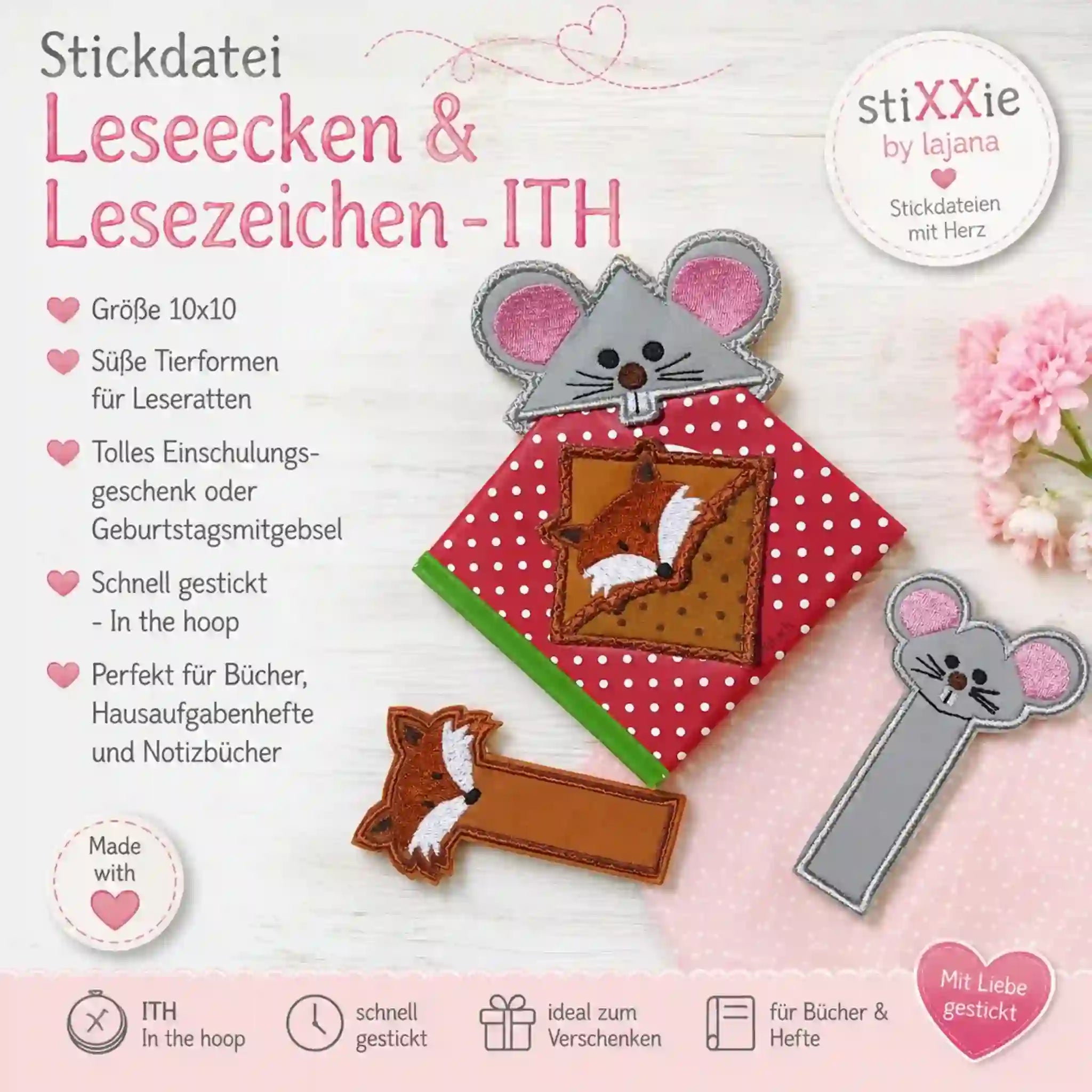 ITH Stickdatei Leseecken Lesezeichen