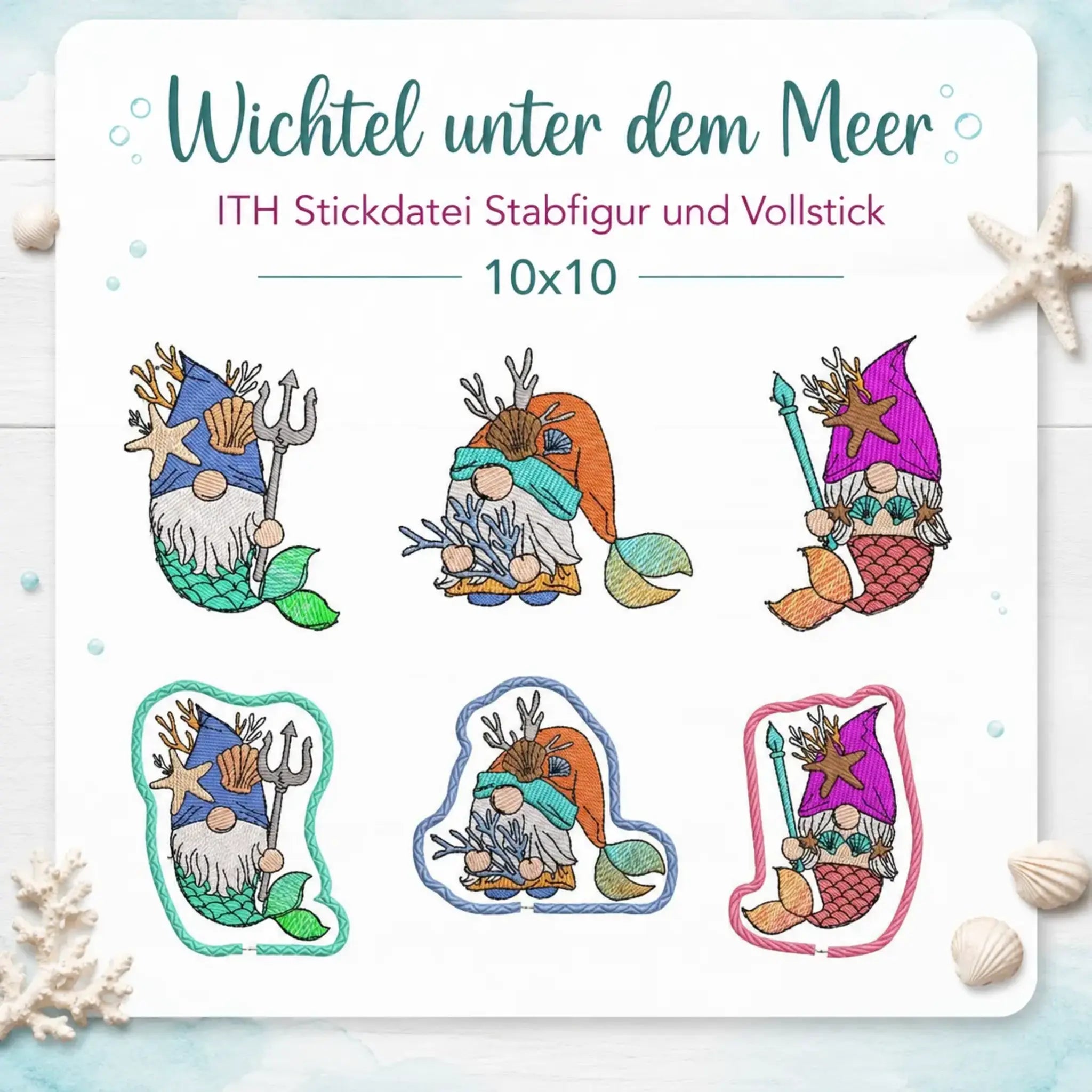 ITH Stickdatei Stabfigur und Vollstick Wichtel unter dem Meer