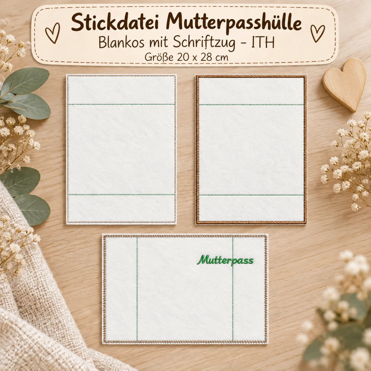 ITH Stickdatei Mutterpasshülle Blankos mit Schriftzug