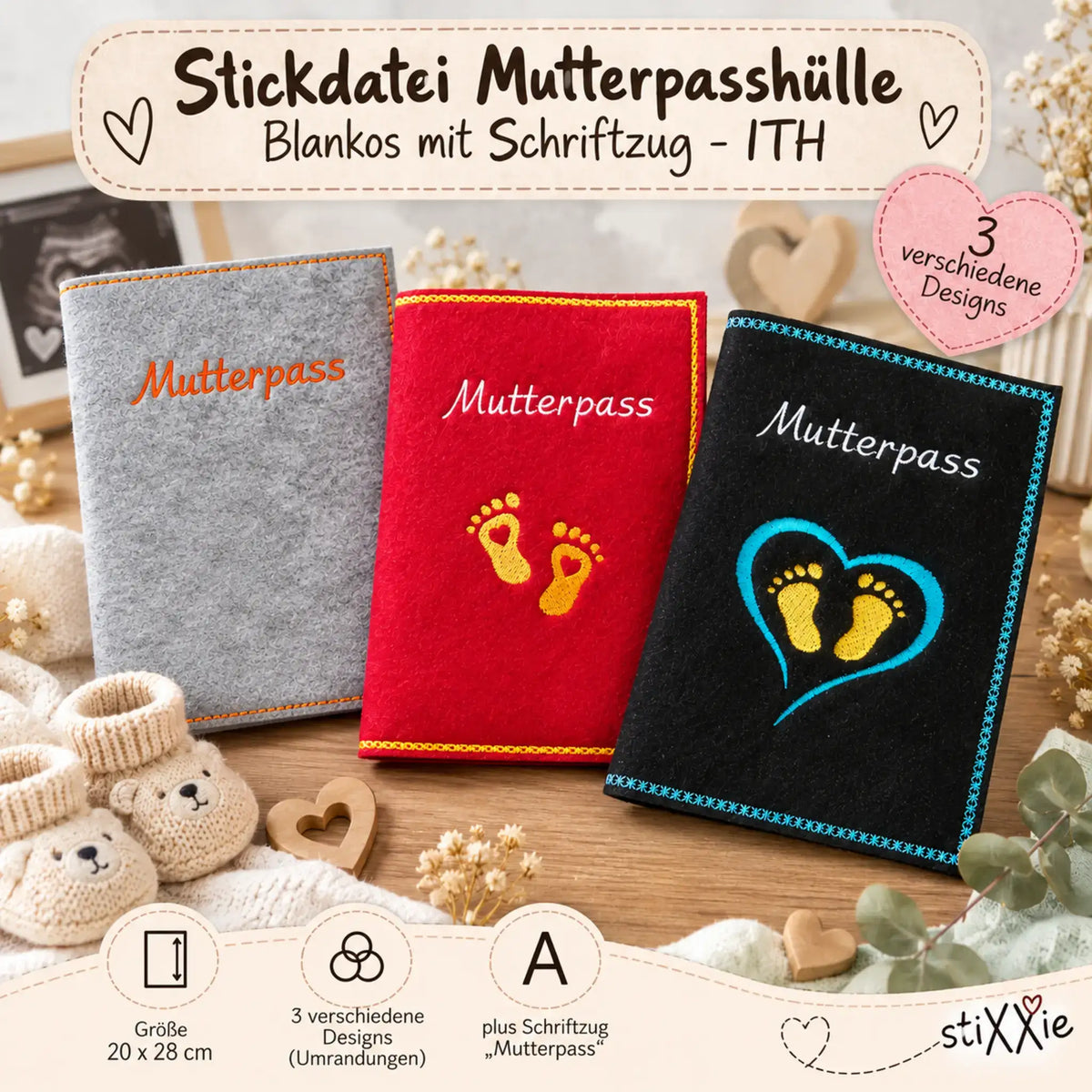 ITH Stickdatei Mutterpasshülle Blankos mit Schriftzug