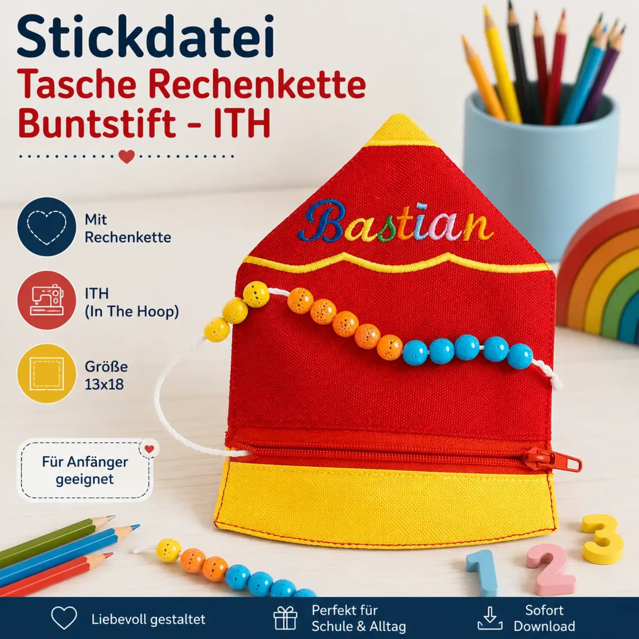 ITH Stickdatei Tasche Rechenkette Buntstift