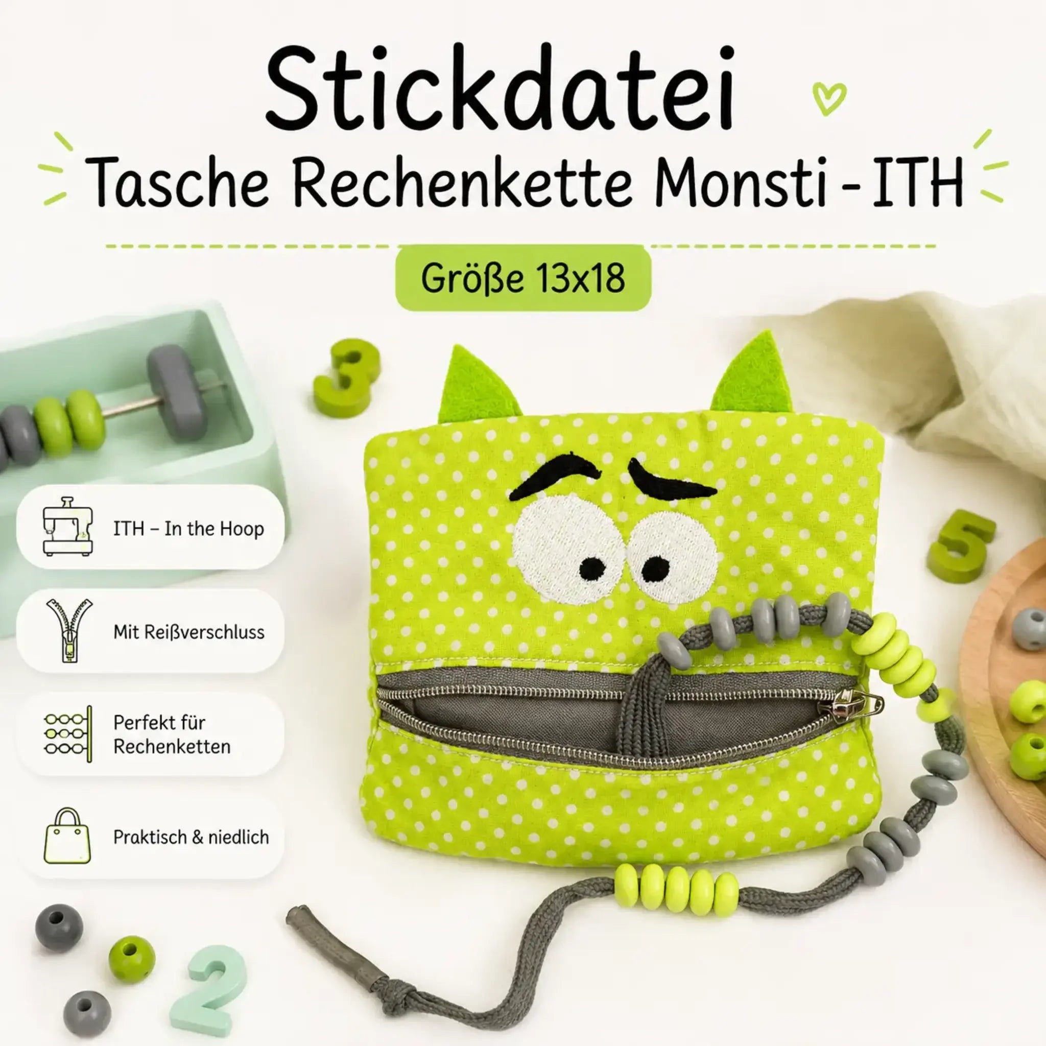 ITH Stickdatei Tasche Rechenkette Monsti