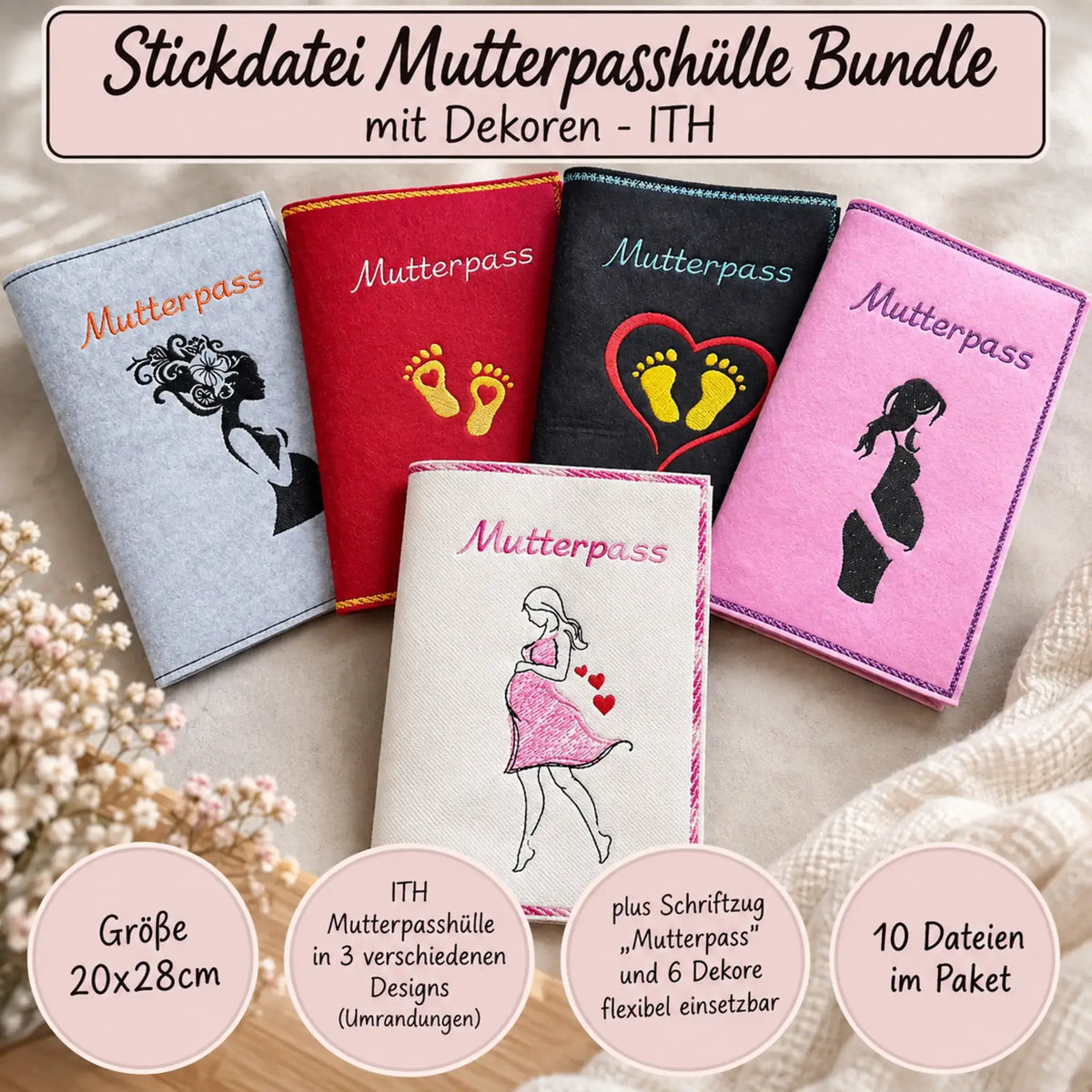 ITH Stickdatei Mutterpasshülle Bundle mit Dekoren