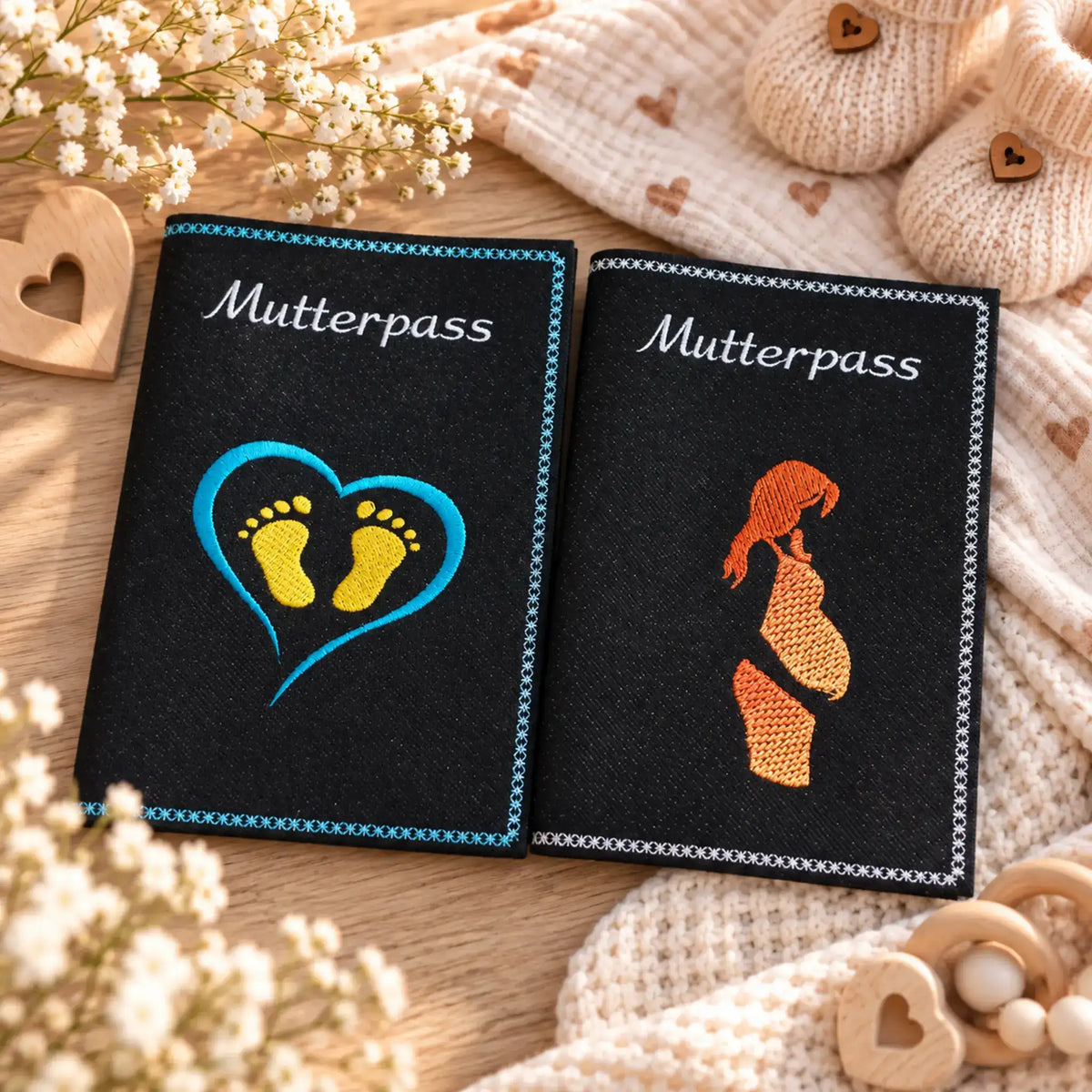 ITH Stickdatei Mutterpasshülle Bundle mit Dekoren