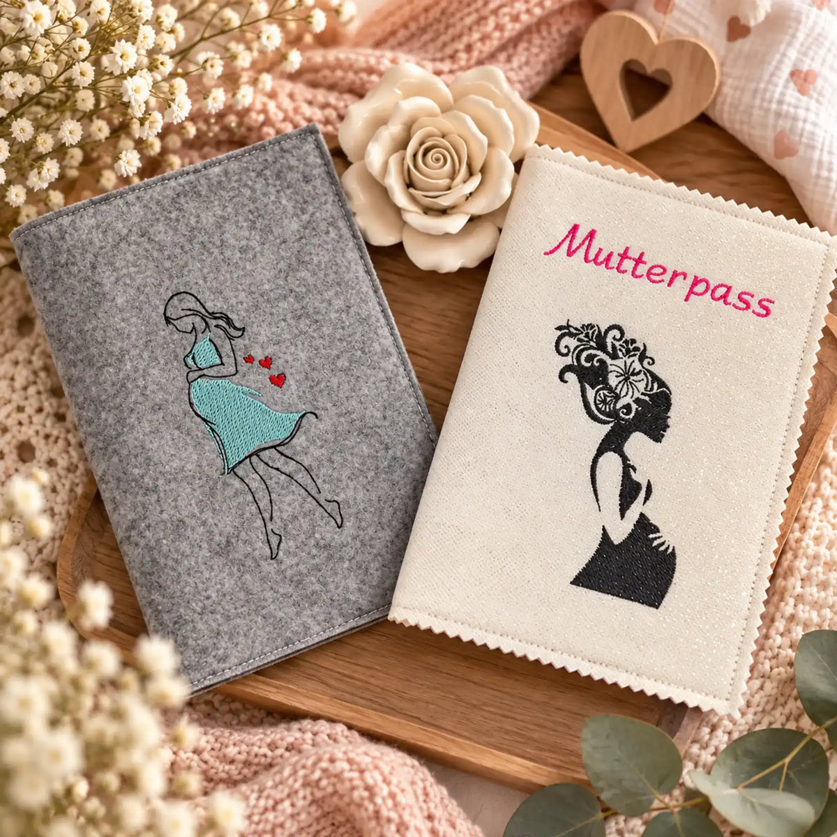 ITH Stickdatei Mutterpasshülle Bundle mit Dekoren