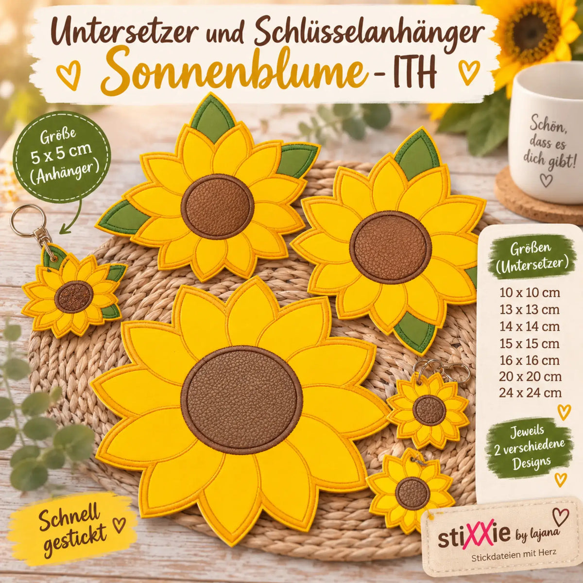 ITH Stickdatei Sonnenblume Untersetzer und Anhänger