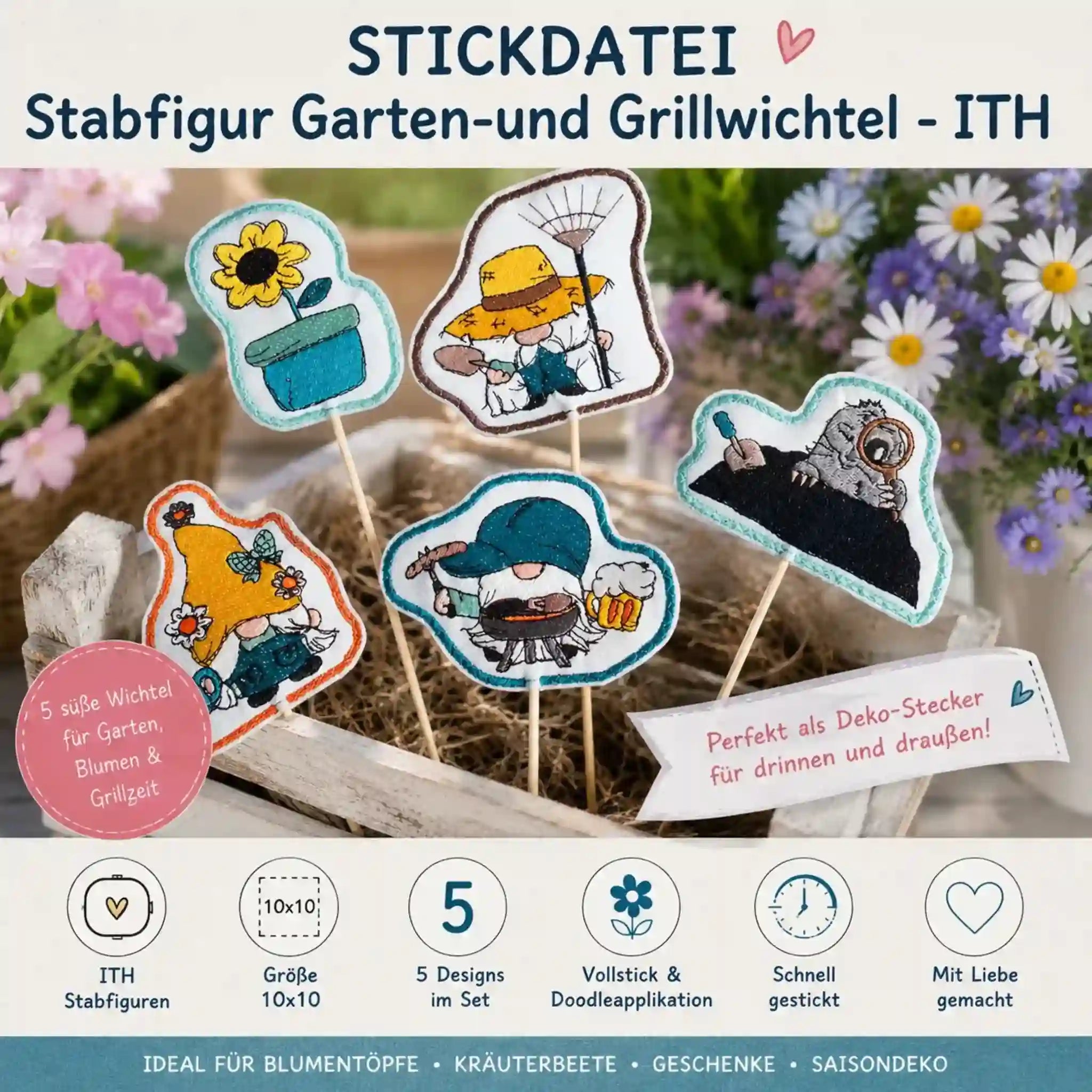 ITH Stickdatei Stabfigur Garten- & Grillwichtel 10x10
