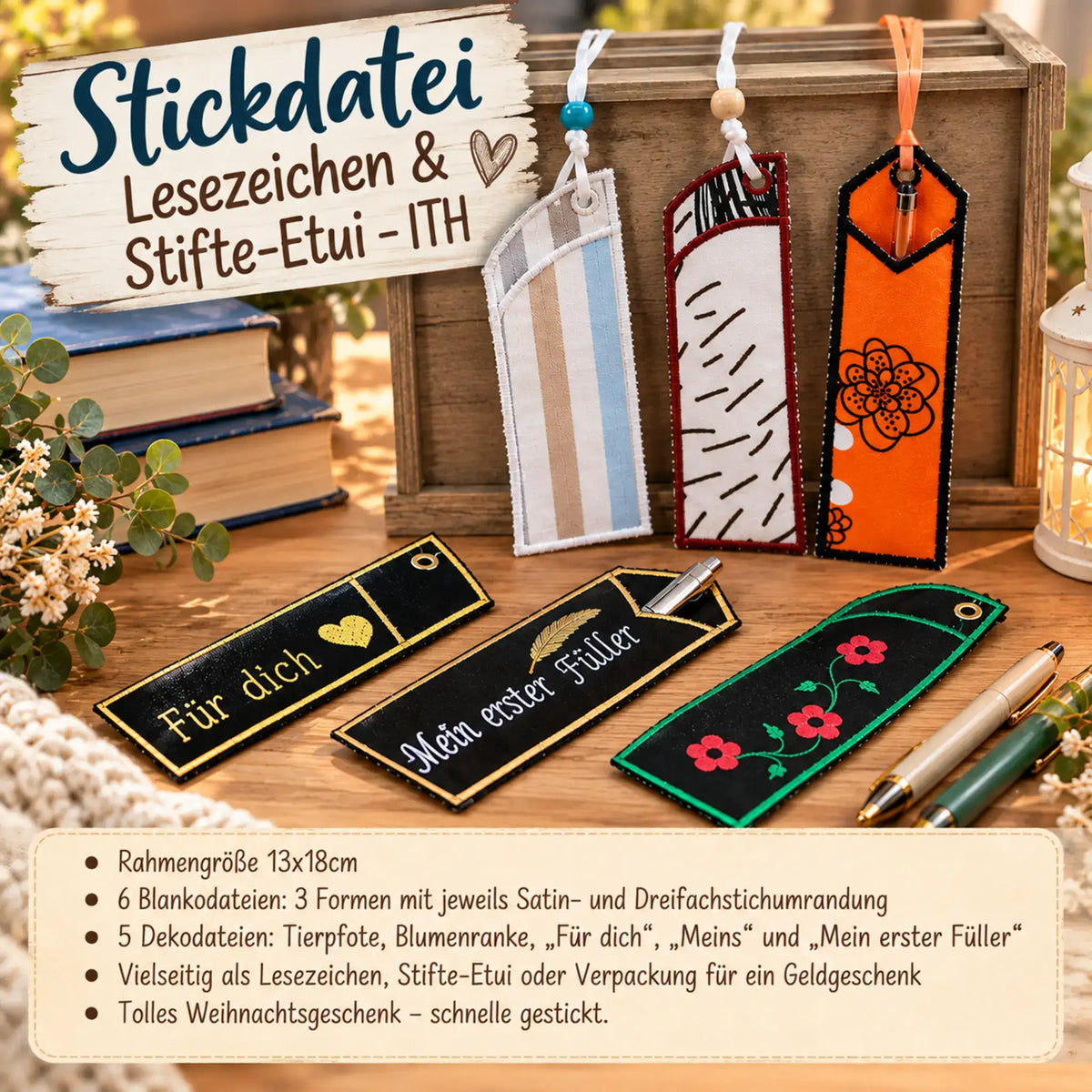 ITH Stickdatei Lesezeichen & Stifte-Etui – 11 Dateien für 13x18
